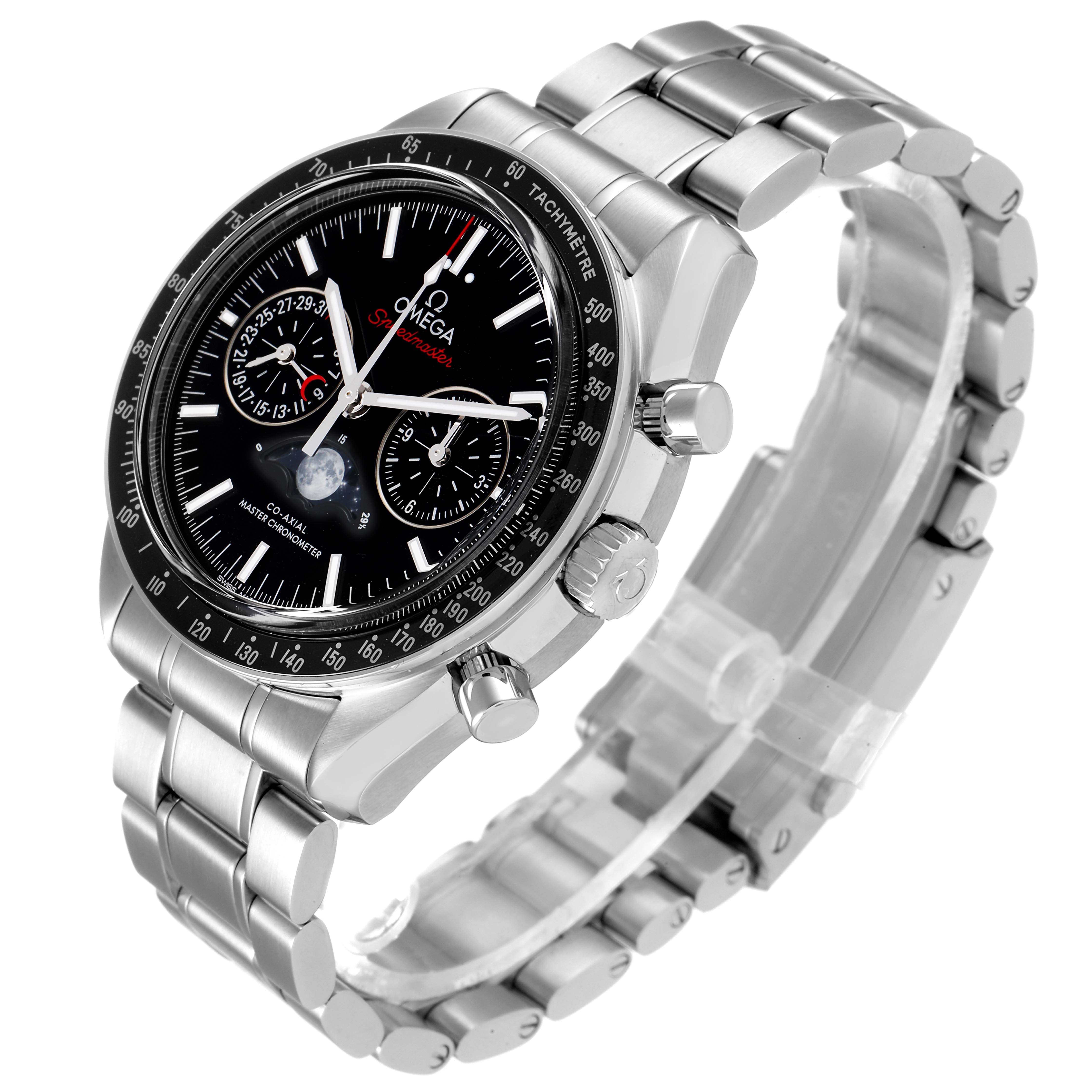 The Omega Speedmaster 304.30.44.52.01.001 Men's Stainless Steel Black Dial 304.30.44.52.01.001 Men's Stainless Steel Black Dial watch is shown at a three-quarter angle, displaying its face, bezel, crown, and metal bracelet.