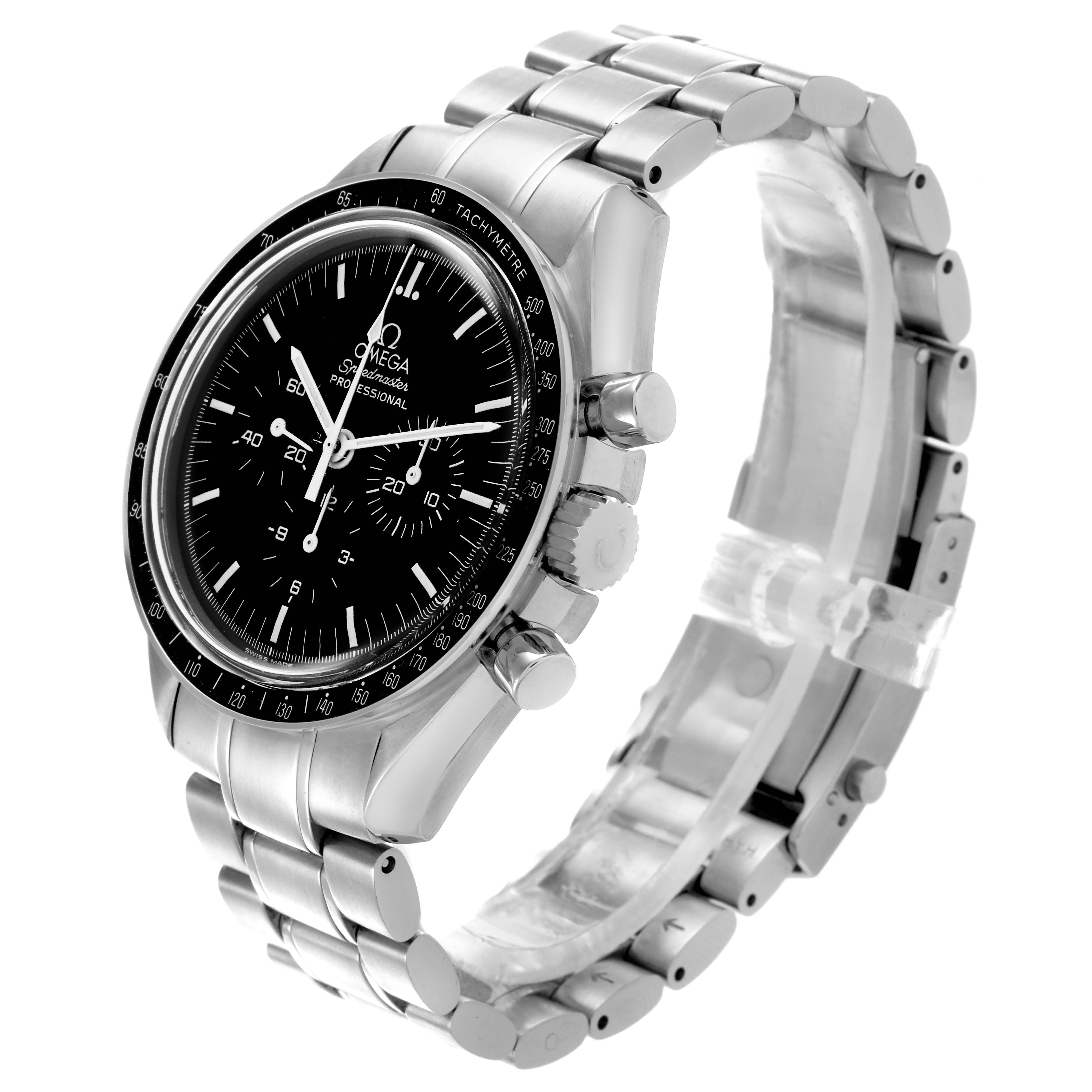The Omega Speedmaster 3570.50.00 Men
s Stainless Steel Black Dial 3570.50.00 Men
s Stainless Steel Black Dial watch is shown at a 3/4 angle, displaying the face, bezel, crown, pushers, and metal bracelet.
