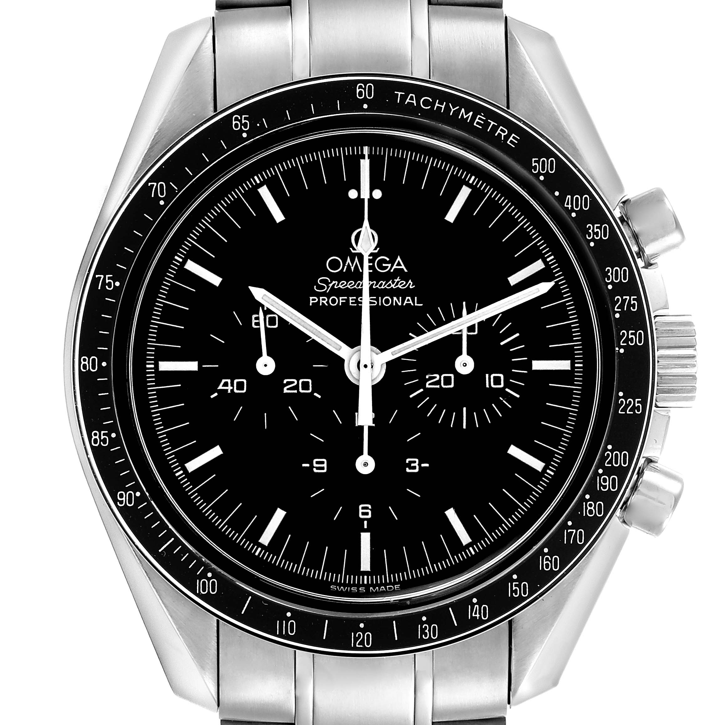 The Omega Speedmaster 3570.50.00 Men
s Stainless Steel Black Dial 3570.50.00 Men
s Stainless Steel Black Dial is shown from a front angle, highlighting the dial, bezel, and part of the bracelet.