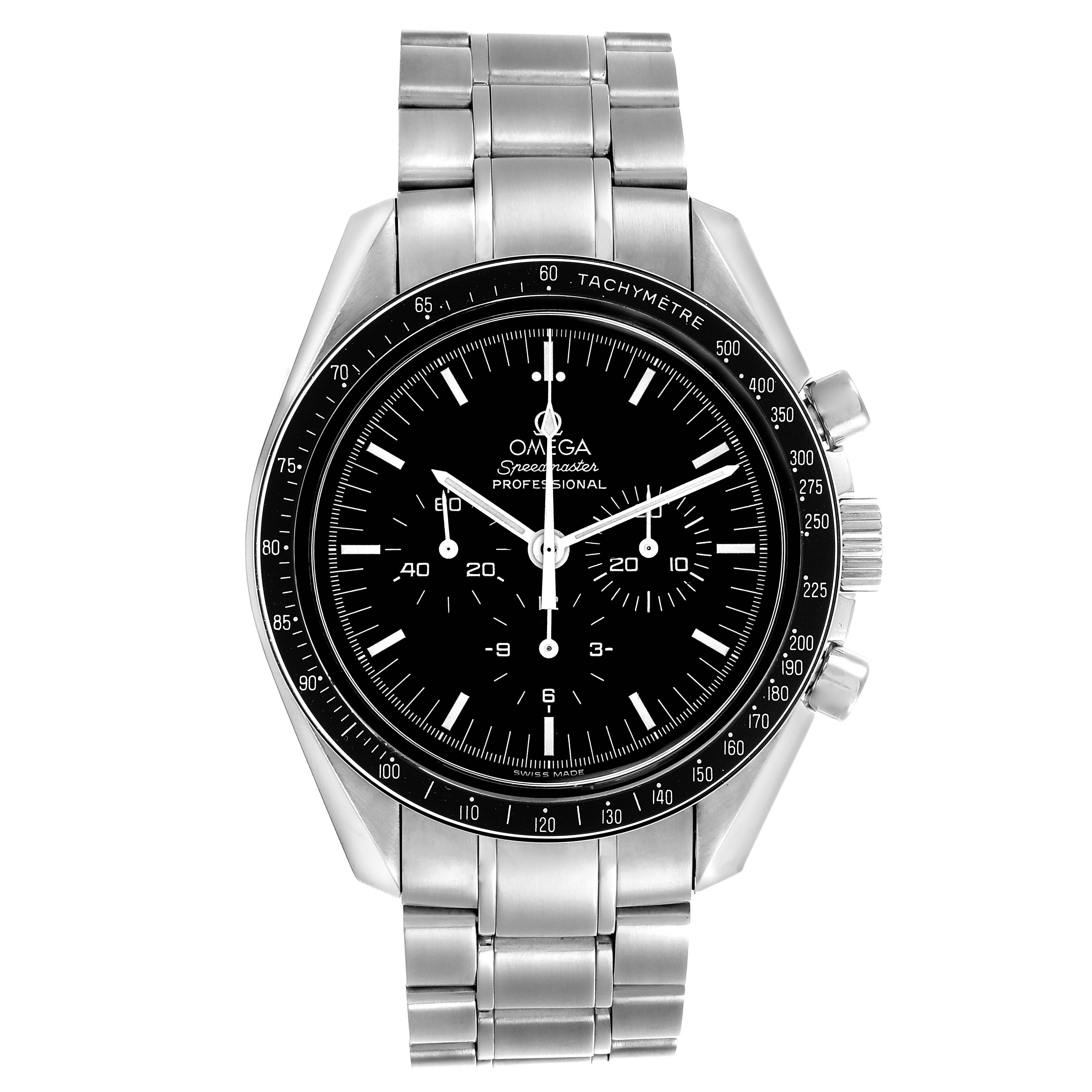 The Omega Speedmaster 3570.50.00 Men
s Stainless Steel Black Dial 3570.50.00 Men
s Stainless Steel Black Dial is shown from a top-down angle, highlighting the face, bezel, and metal bracelet.