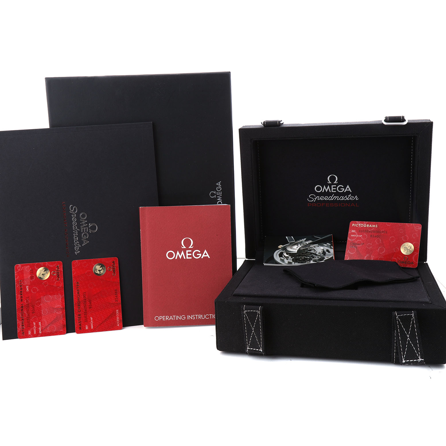 The image shows an Omega Speedmaster 310.30.42.50.01.001 Men's Stainless Steel Black Dial watch's packaging, booklets, cards, and an open black case viewed from the front.