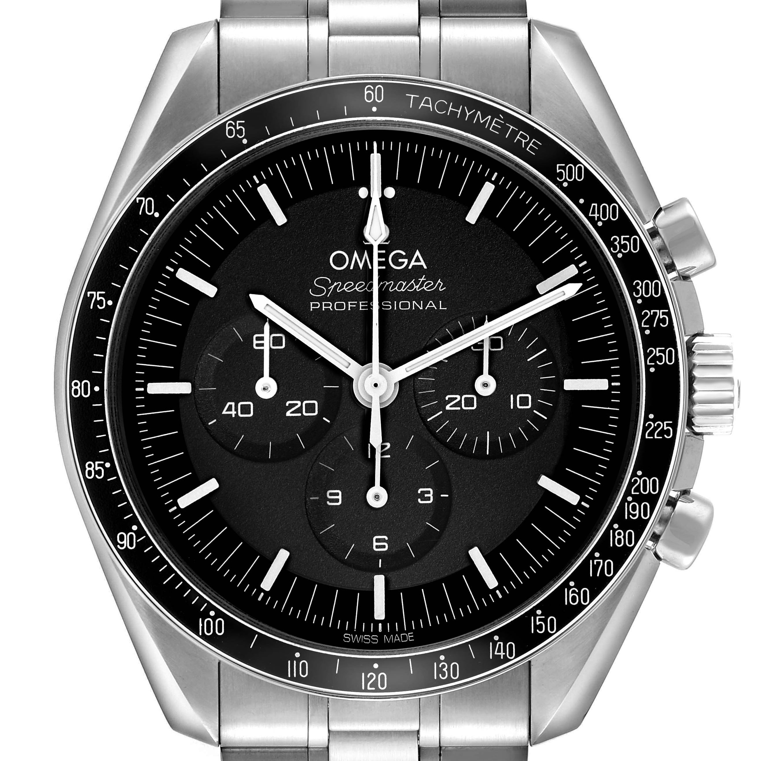 The Omega Speedmaster 310.30.42.50.01.001 Men's Stainless Steel Black Dial watch is shown from a front angle, highlighting the face, tachymetric scale, and stainless steel bracelet.