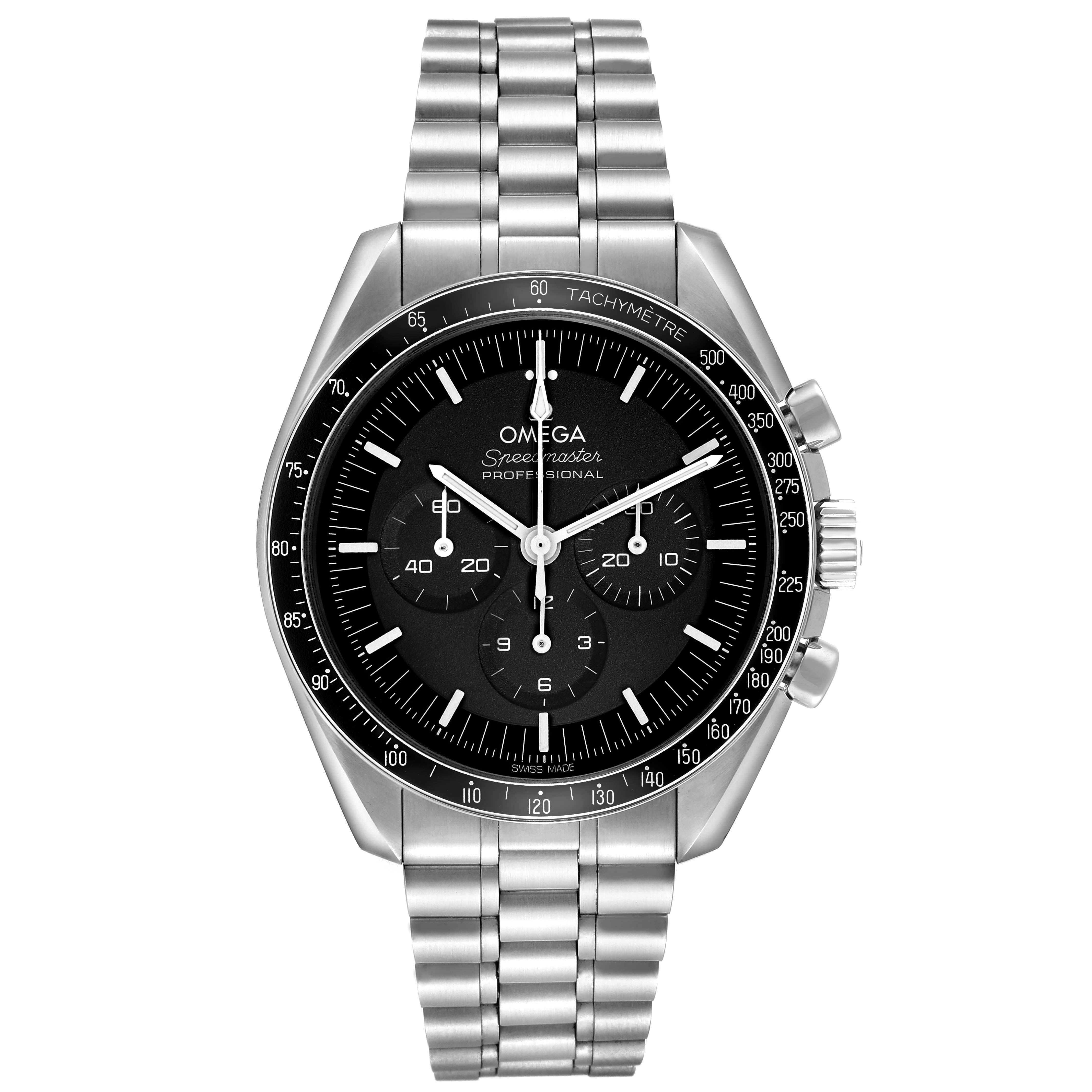 The Omega Speedmaster 310.30.42.50.01.001 Men's Stainless Steel Black Dial model is shown from the front, displaying the dial, bezel, and bracelet.