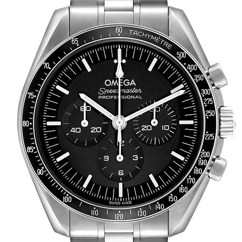 The Omega Speedmaster 310.30.42.50.01.001 Men's Stainless Steel Black Dial model is shown from the front, highlighting the dial, tachymeter, and stainless steel bracelet.