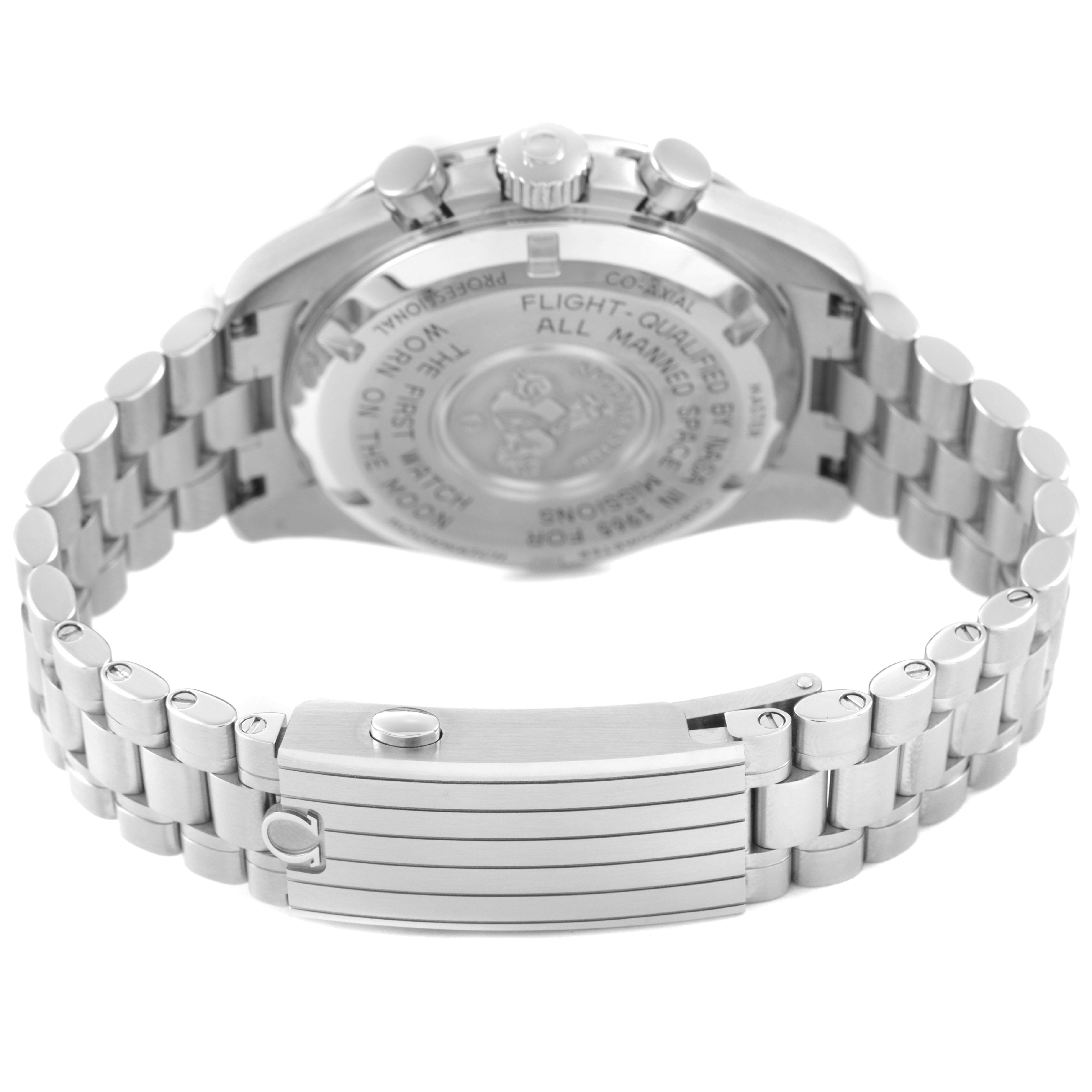 The Omega Speedmaster 310.30.42.50.01.001 Men's Stainless Steel Black Dial is shown from the back, highlighting the case back, bracelet, and clasp.
