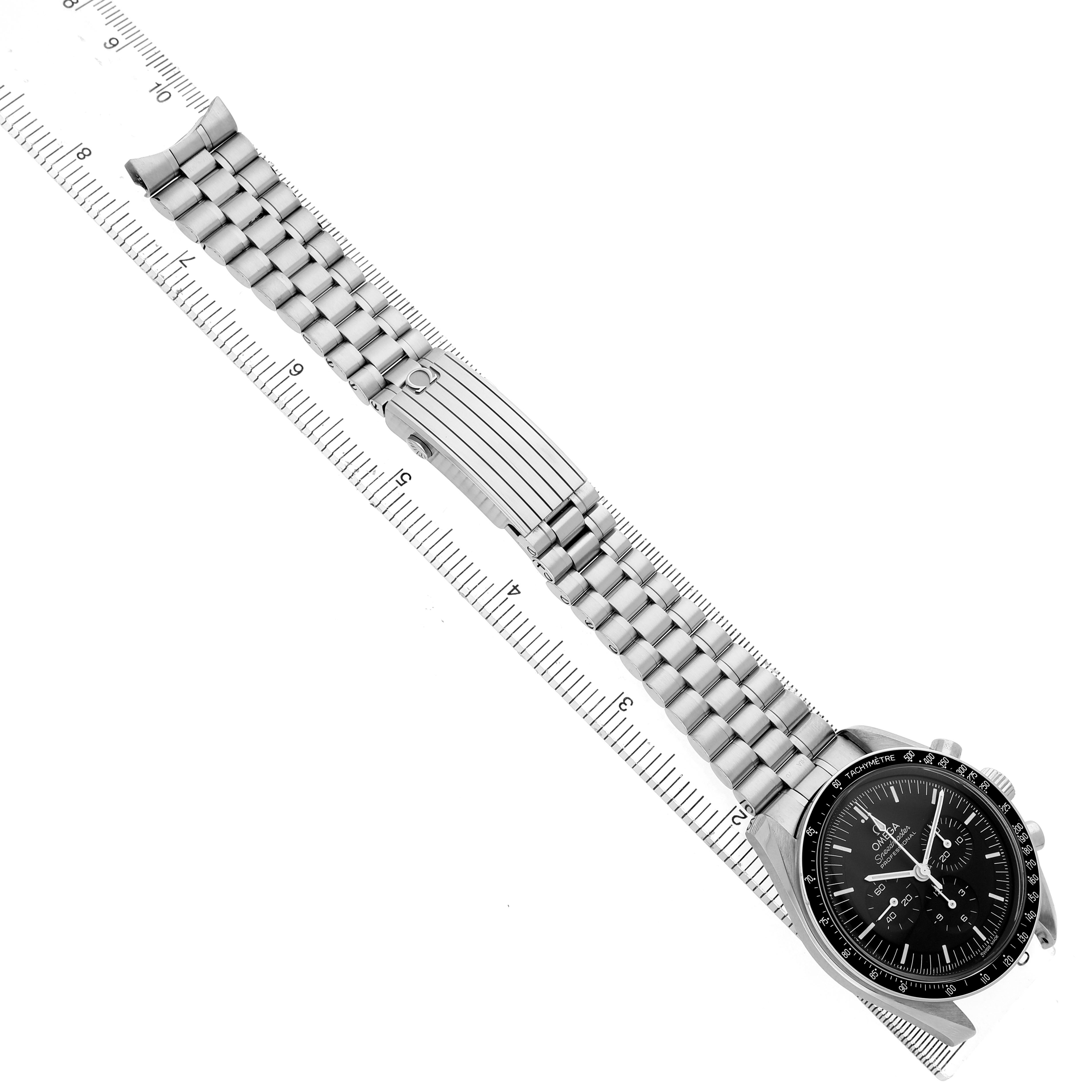 The Omega Speedmaster 310.30.42.50.01.001 Men's Stainless Steel Black Dial watch is shown from a top-down angle, displaying the full bracelet and the watch face.