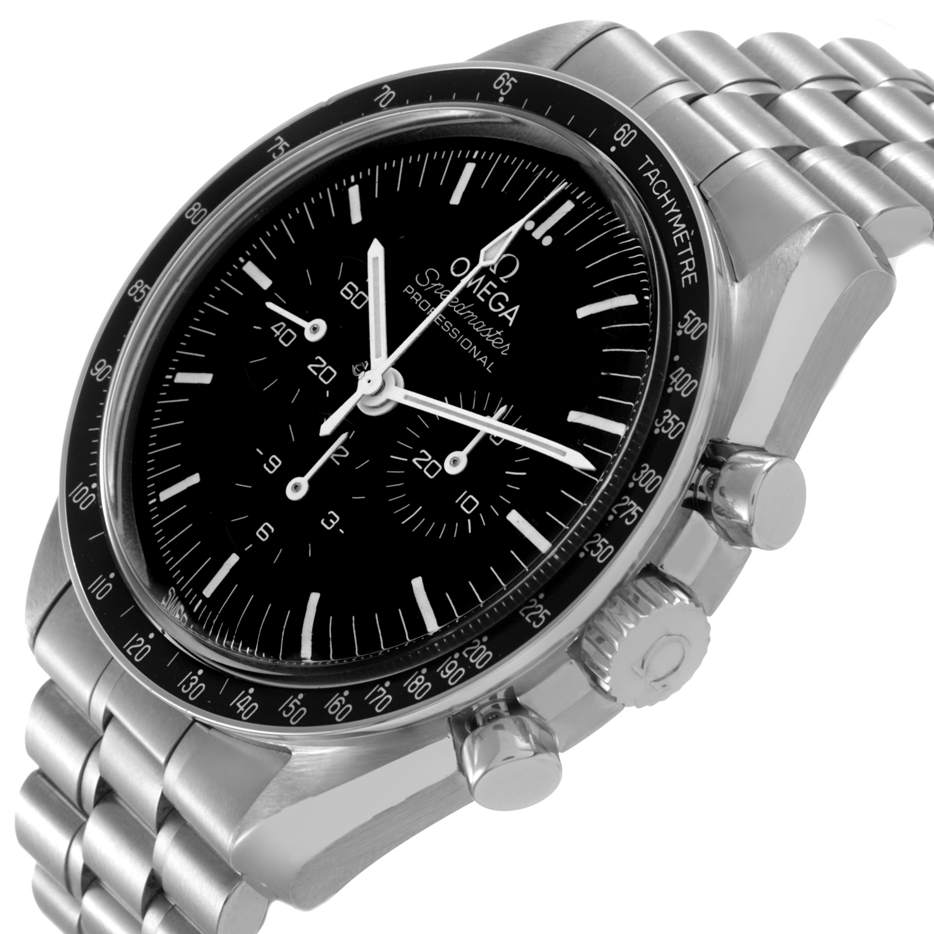 The Omega Speedmaster 310.30.42.50.01.001 Men's Stainless Steel Black Dial watch is shown from a slightly angled perspective, highlighting the bezel, dial, and metal bracelet.