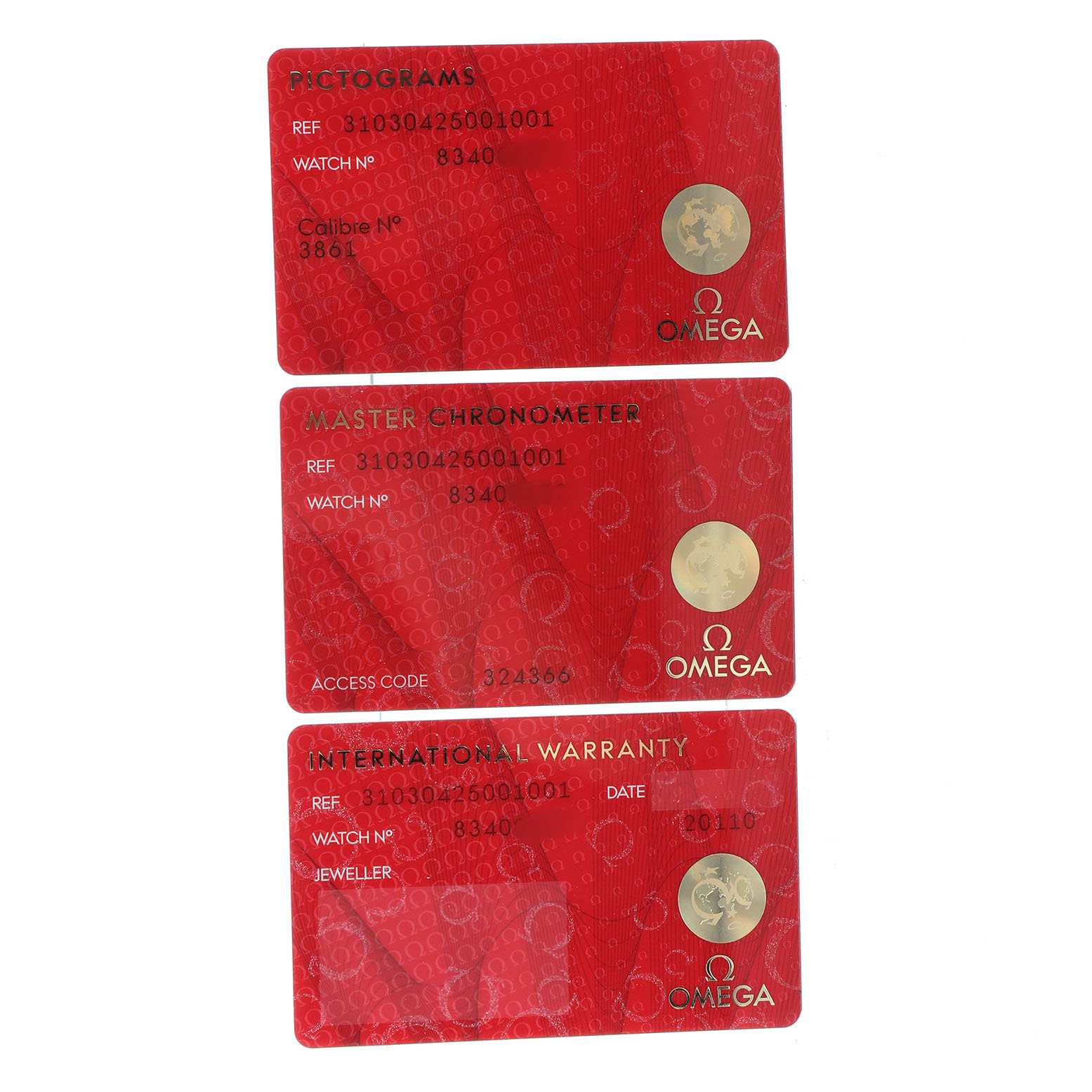 The image shows three warranty and certification cards for an Omega Speedmaster 310.30.42.50.01.001 Men's Stainless Steel Black Dial watch.