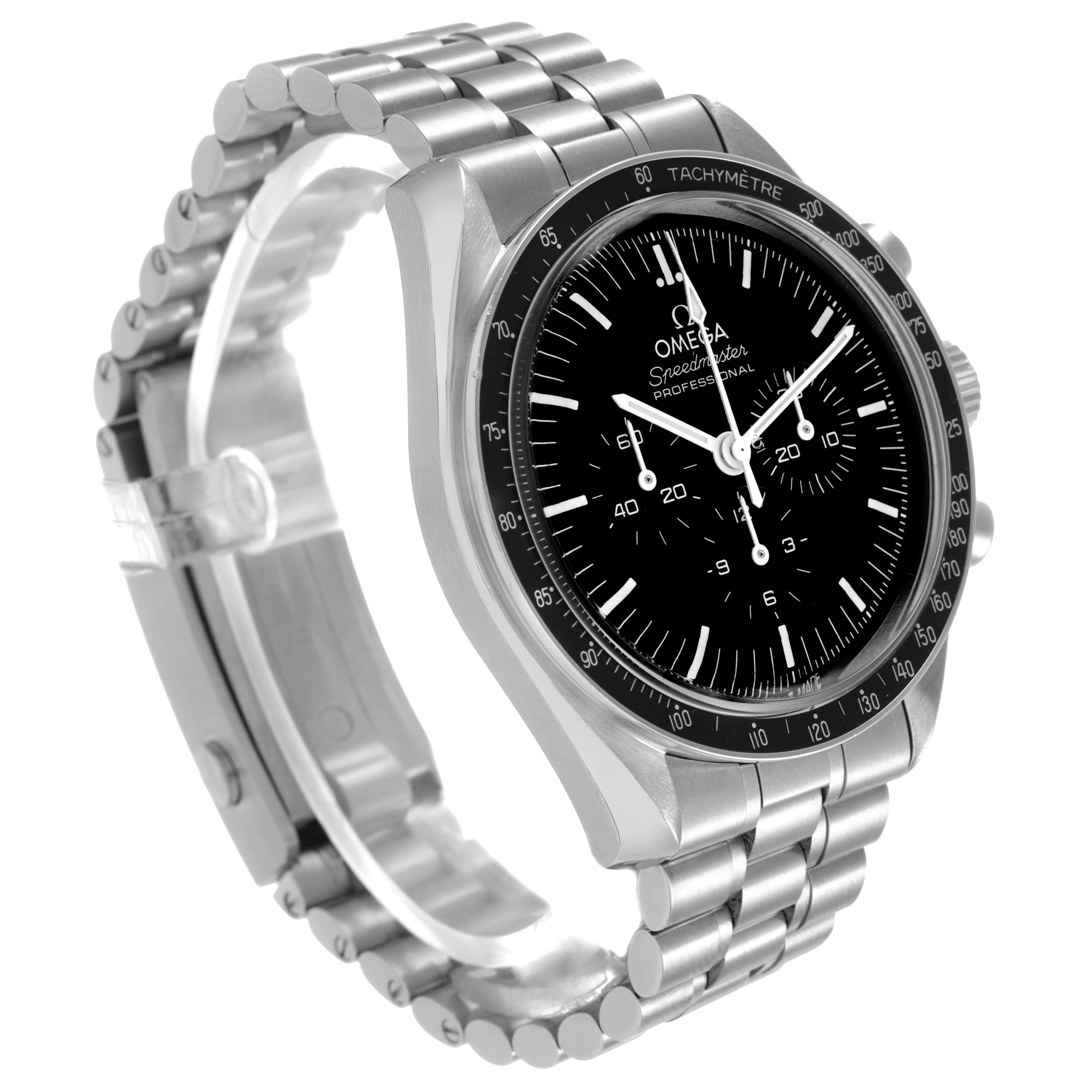 The Omega Speedmaster 310.30.42.50.01.001 Men's Stainless Steel Black Dial is shown from a side angle, highlighting its bracelet, bezel, and dial.