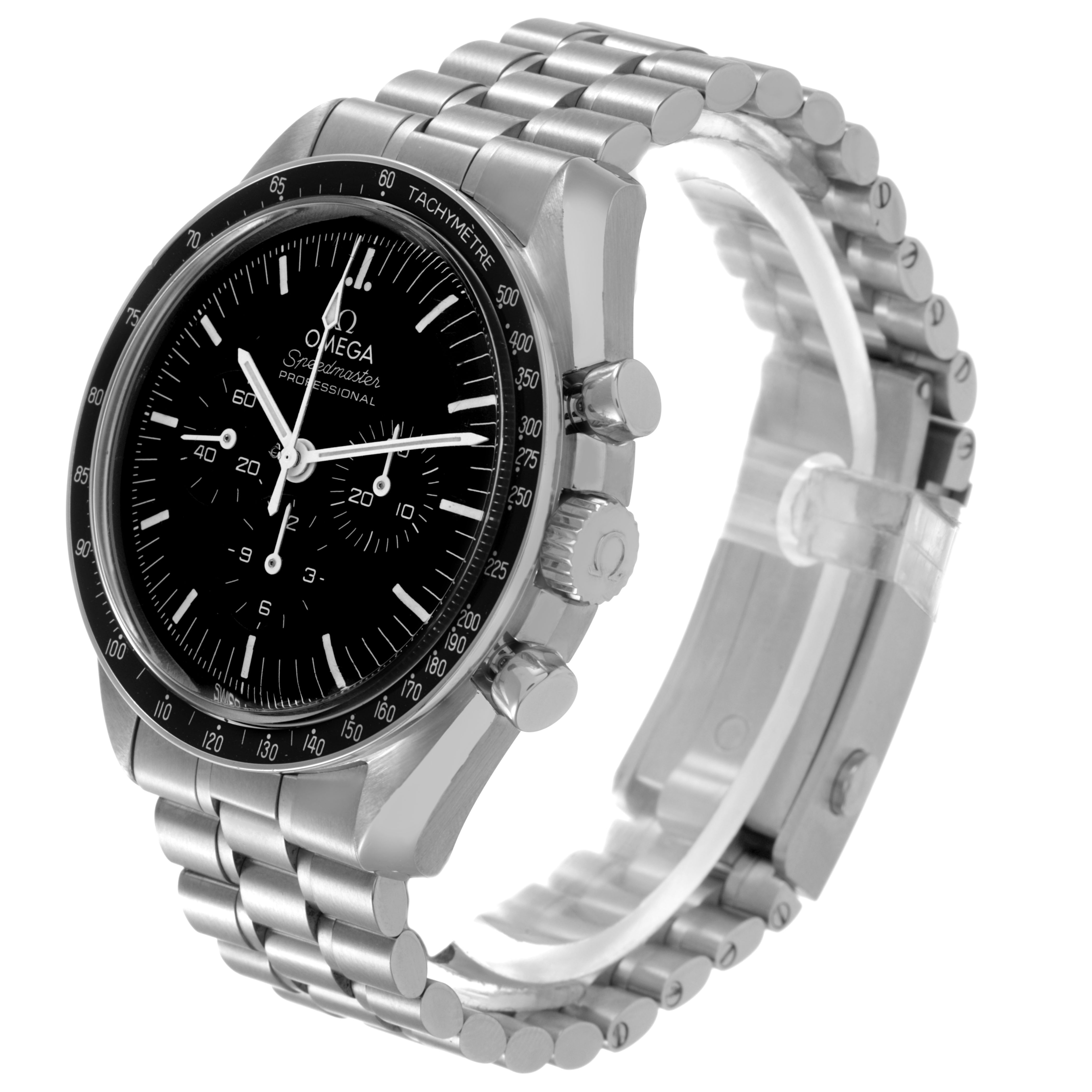 The Omega Speedmaster 310.30.42.50.01.001 Men's Stainless Steel Black Dial watch is shown at a three-quarter angle, highlighting the dial, chrono pushers, and metal bracelet.