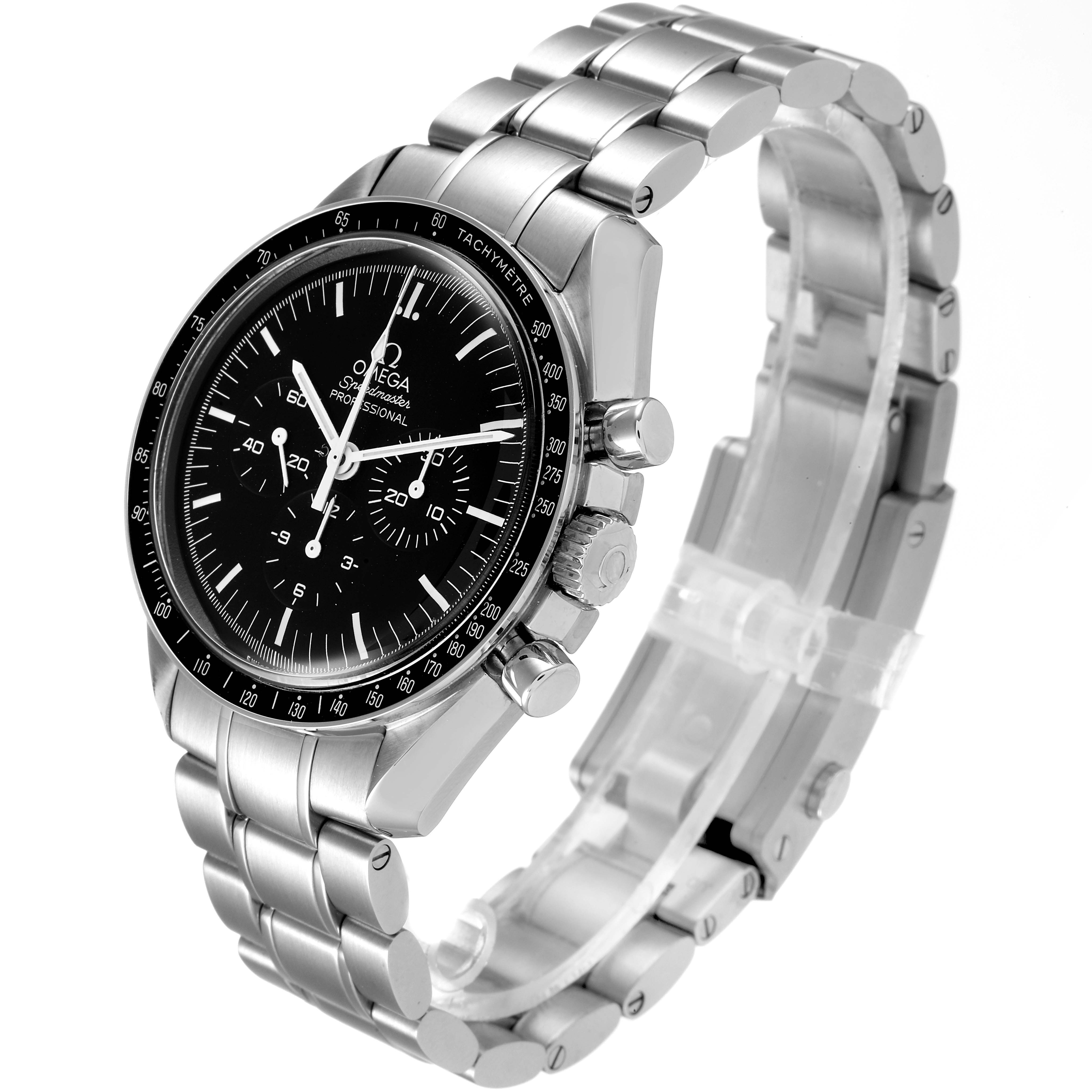 The Omega Speedmaster 311.30.42.30.01.005 Men's Stainless Steel Black Dial 311.30.42.30.01.005 Men's Stainless Steel Black Dial watch is shown at an oblique angle, displaying its black dial, tachymeter bezel, and stainless steel bracelet.
