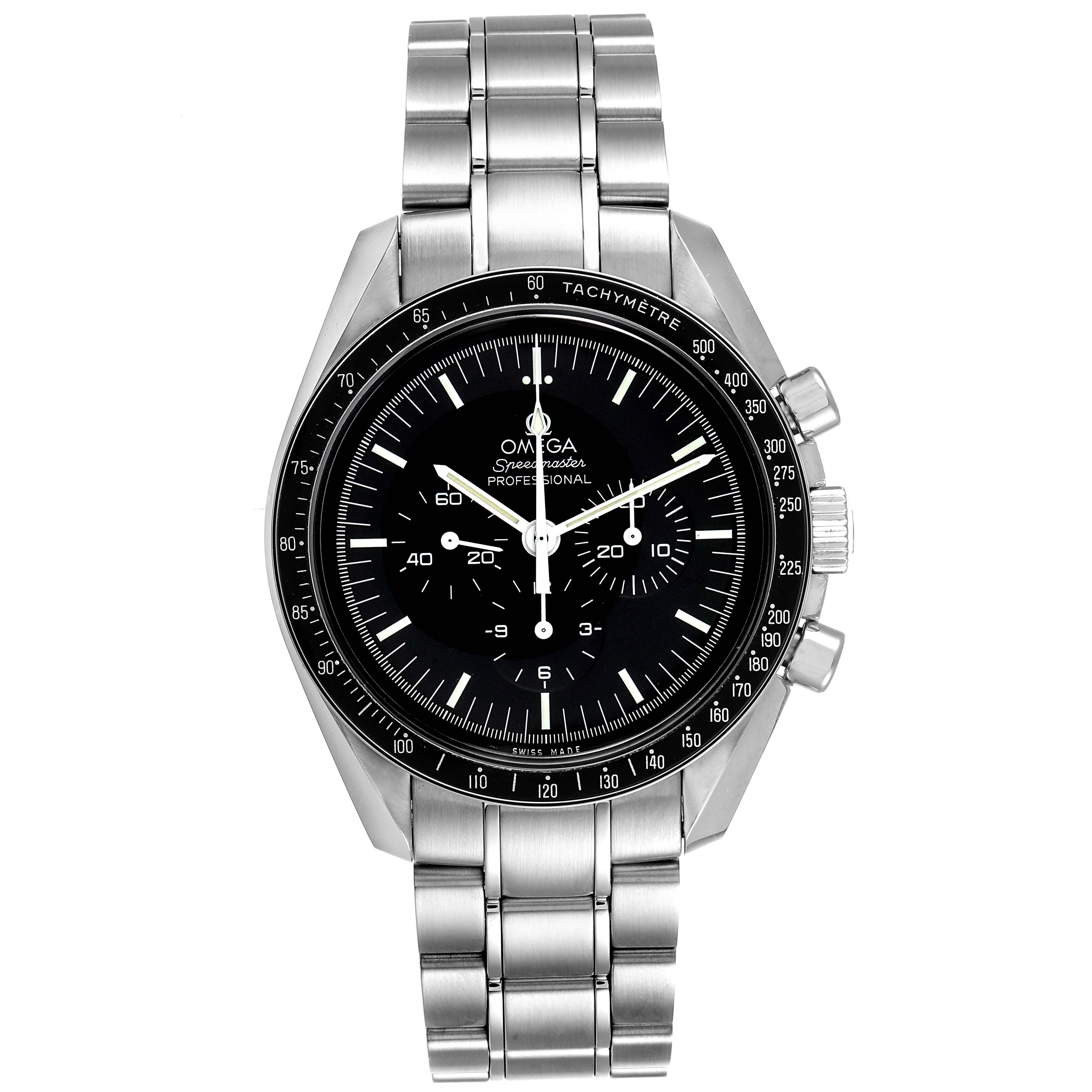 The image shows a front view of the Omega Speedmaster 311.30.42.30.01.005 Men's Stainless Steel Black Dial 311.30.42.30.01.005 Men's Stainless Steel Black Dial watch, displaying the dial, bezel, and bracelet.