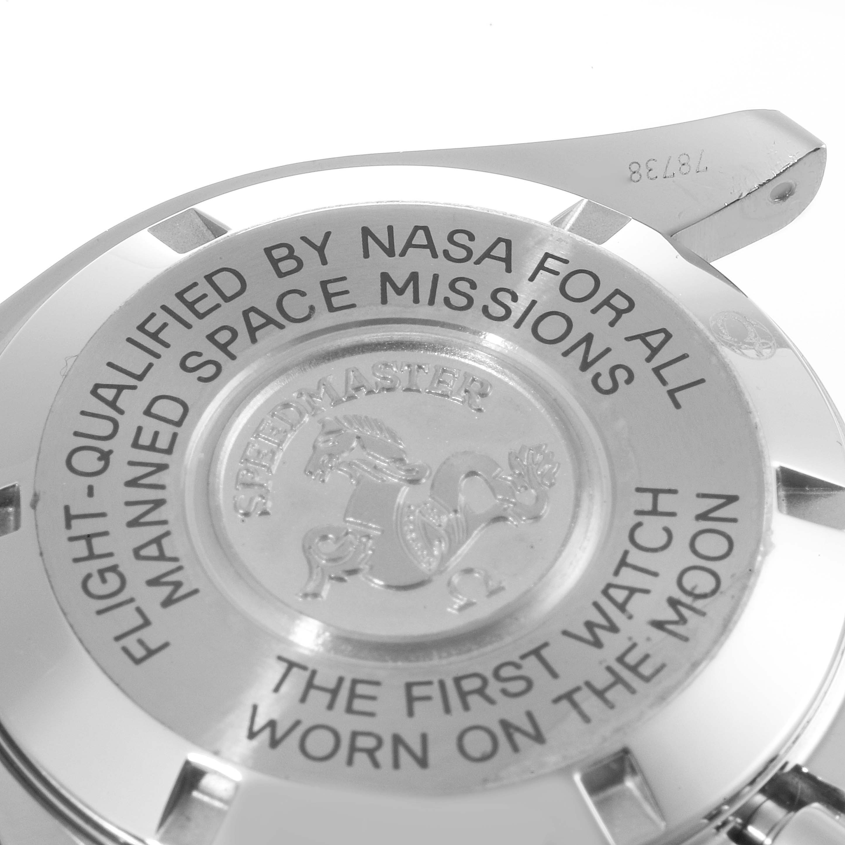 This image shows the back case of the Omega Speedmaster 311.30.42.30.01.005 Men's Stainless Steel Black Dial 311.30.42.30.01.005 Men's Stainless Steel Black Dial watch, highlighting its engravings.