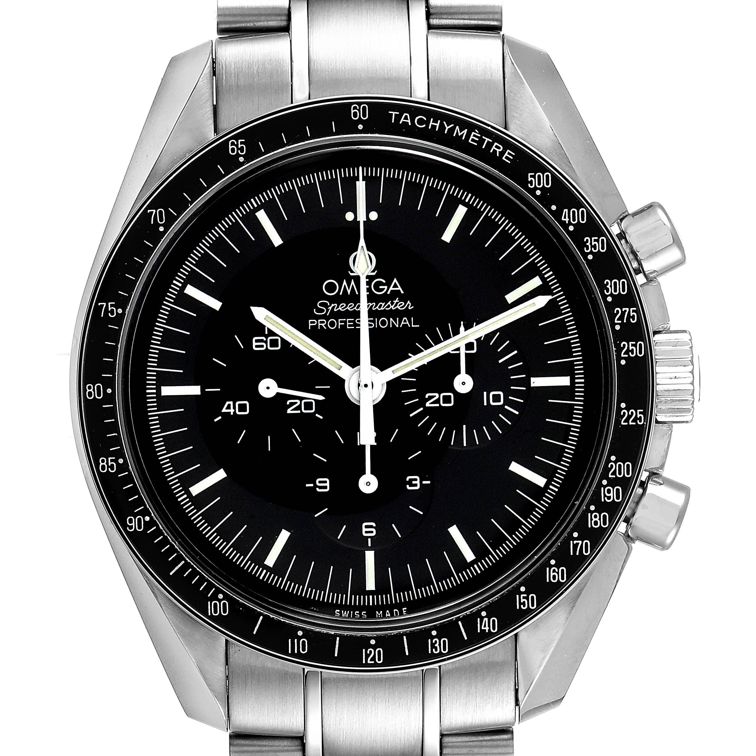 The image shows a front view of the Omega Speedmaster 311.30.42.30.01.005 Men's Stainless Steel Black Dial 311.30.42.30.01.005 Men's Stainless Steel Black Dial Professional watch, highlighting its black dial, tachymeter bezel, and metal bracelet.