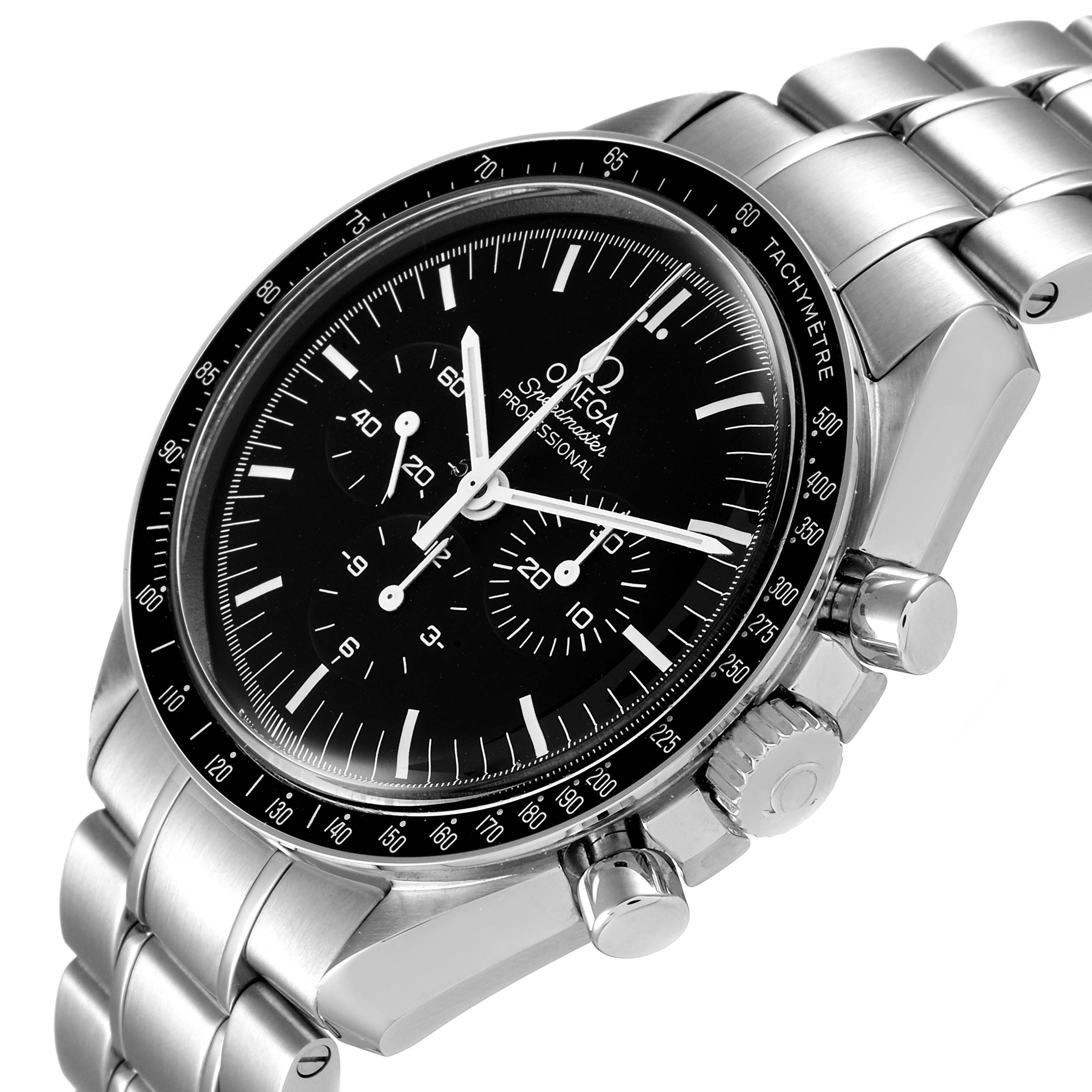 The Omega Speedmaster 311.30.42.30.01.005 Men's Stainless Steel Black Dial 311.30.42.30.01.005 Men's Stainless Steel Black Dial watch is shown at an angle highlighting the dial, bezel, crown, and stainless steel bracelet.