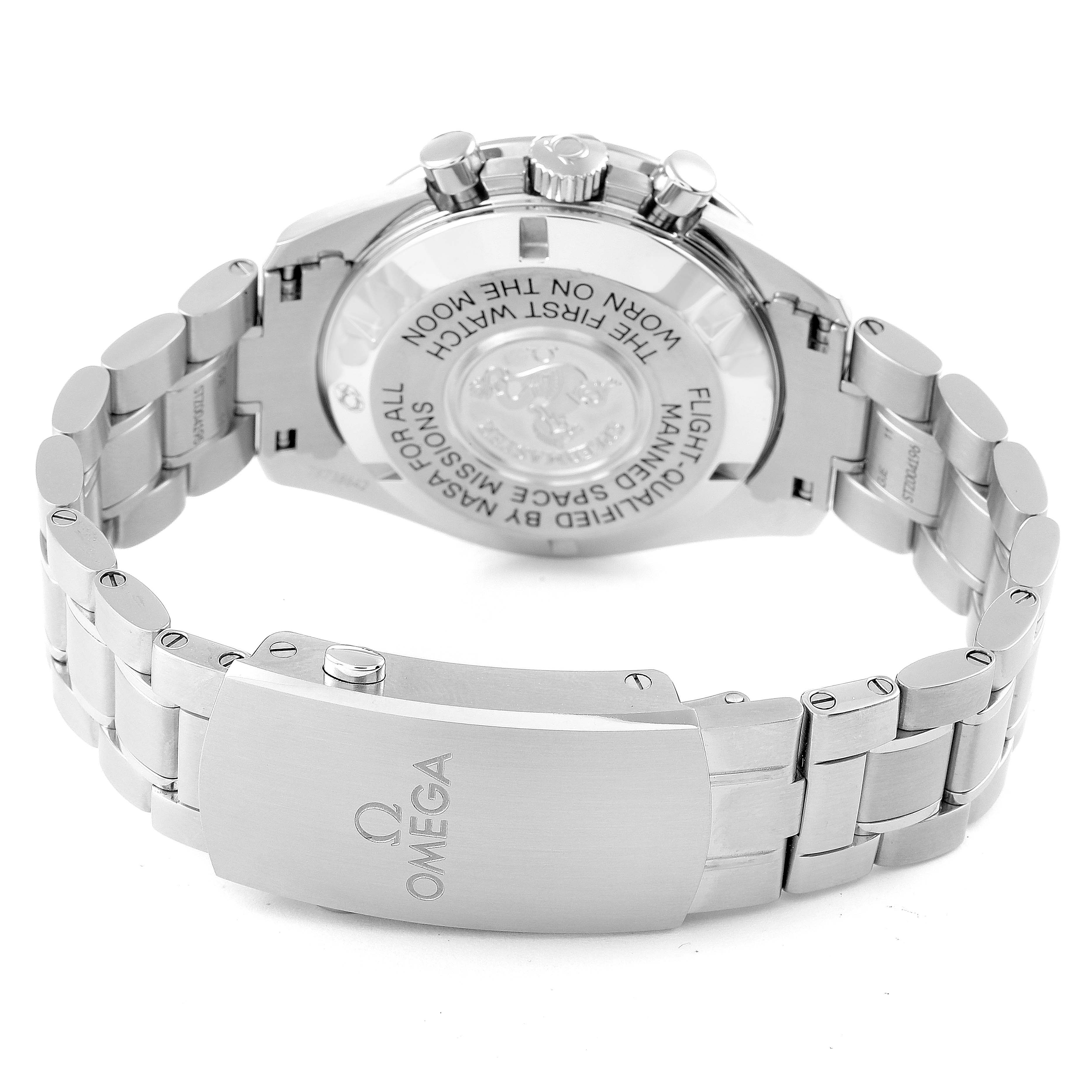 This image shows the Omega Speedmaster 311.30.42.30.01.005 Men's Stainless Steel Black Dial 311.30.42.30.01.005 Men's Stainless Steel Black Dial watch from the back, highlighting the case back and metal bracelet with the engraved clasp.