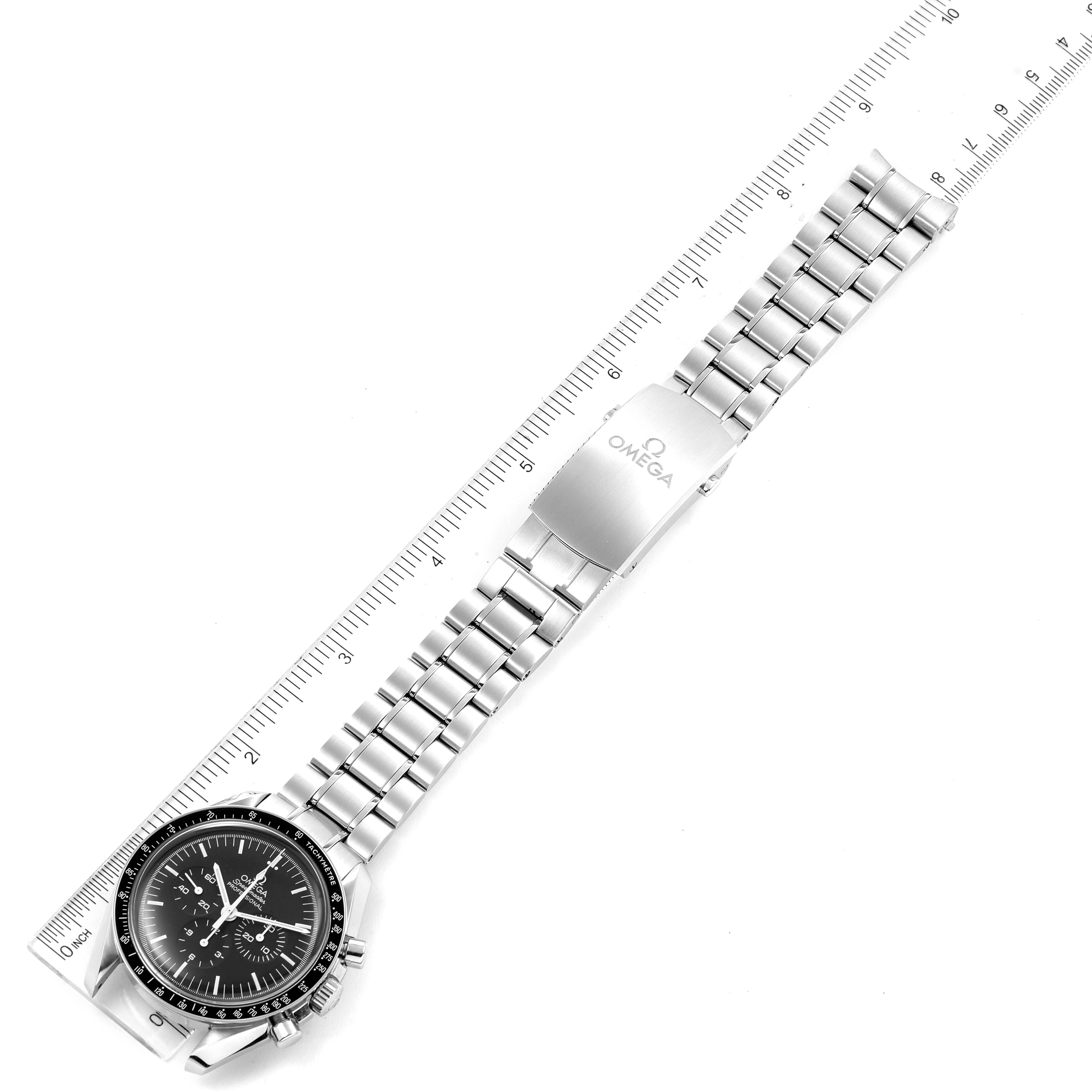 The Omega Speedmaster 311.30.42.30.01.005 Men's Stainless Steel Black Dial 311.30.42.30.01.005 Men's Stainless Steel Black Dial watch is shown from an overhead angle, displaying its face, bracelet, and clasp.