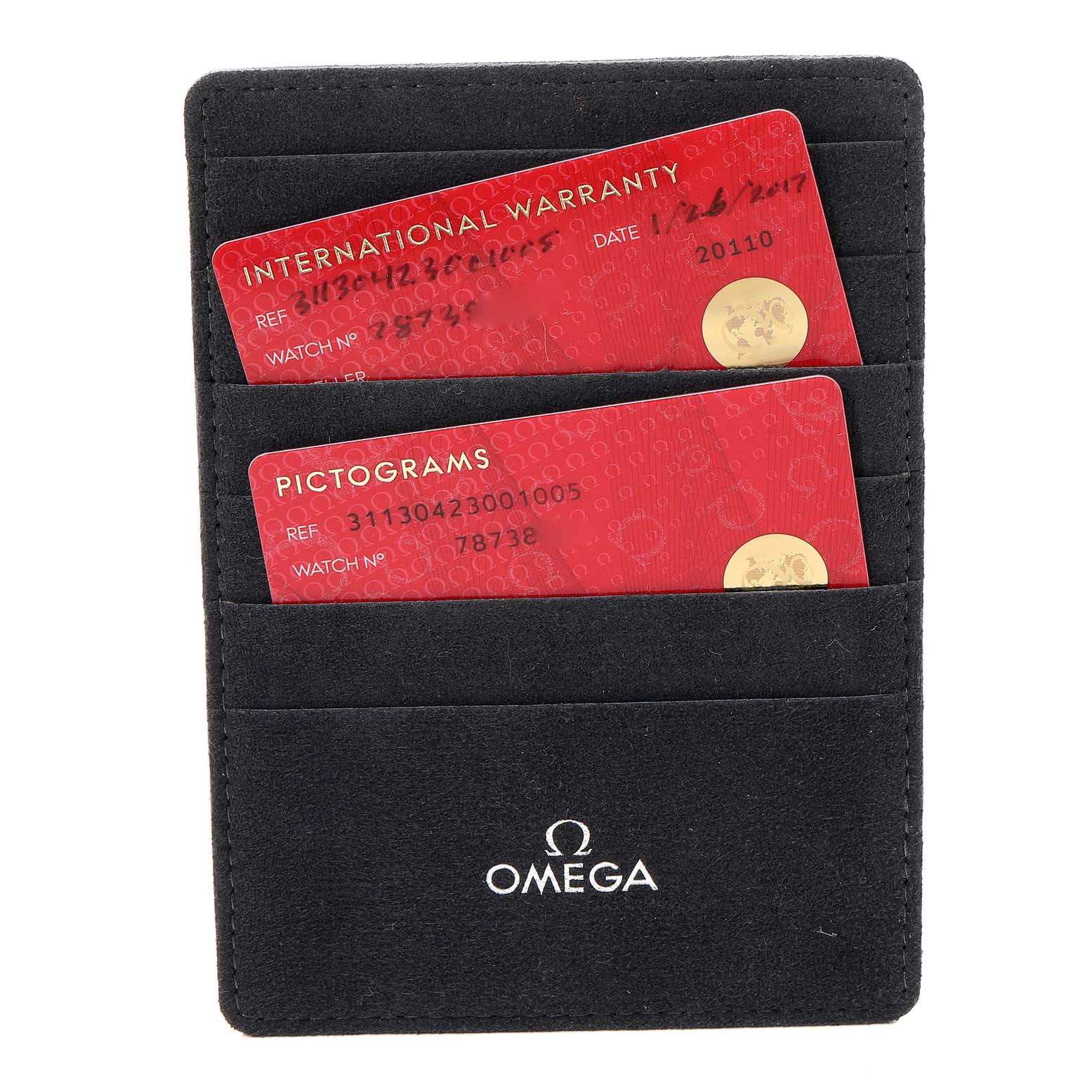 The image shows Omega Speedmaster 311.30.42.30.01.005 Men's Stainless Steel Black Dial 311.30.42.30.01.005 Men's Stainless Steel Black Dial warranty and pictogram cards inside a black Omega-branded cardholder.