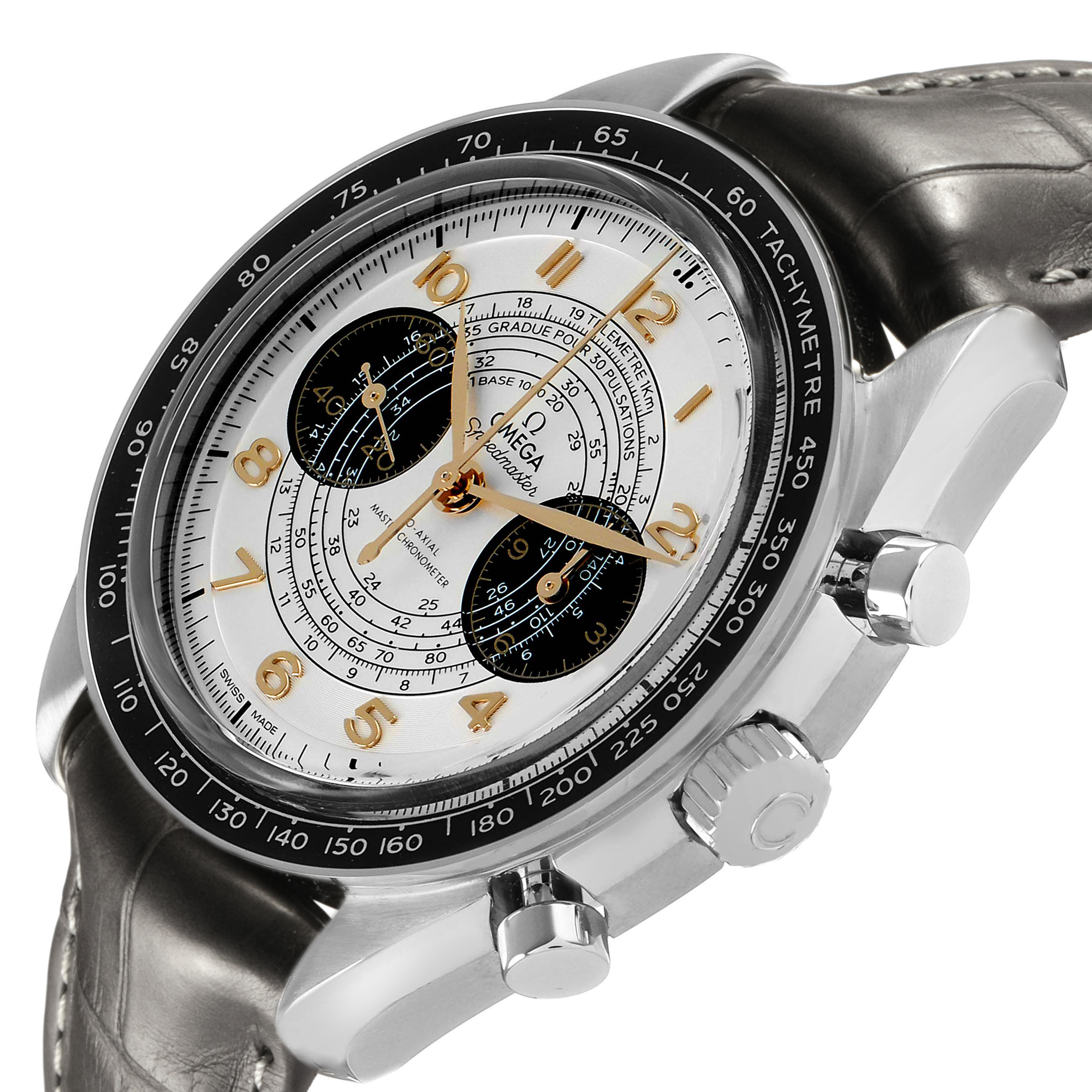 The Omega Speedmaster 522.32.43.51.02.001 Men's Stainless Steel Silver Dial watch is shown at a slight angle, highlighting the face, bezel, and side pushers.