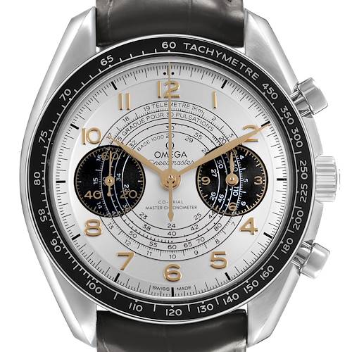 The Omega Speedmaster 522.32.43.51.02.001 Men's Stainless Steel Silver Dial watch is shown from the front, displaying the dial, bezel, pushers, and part of the strap.