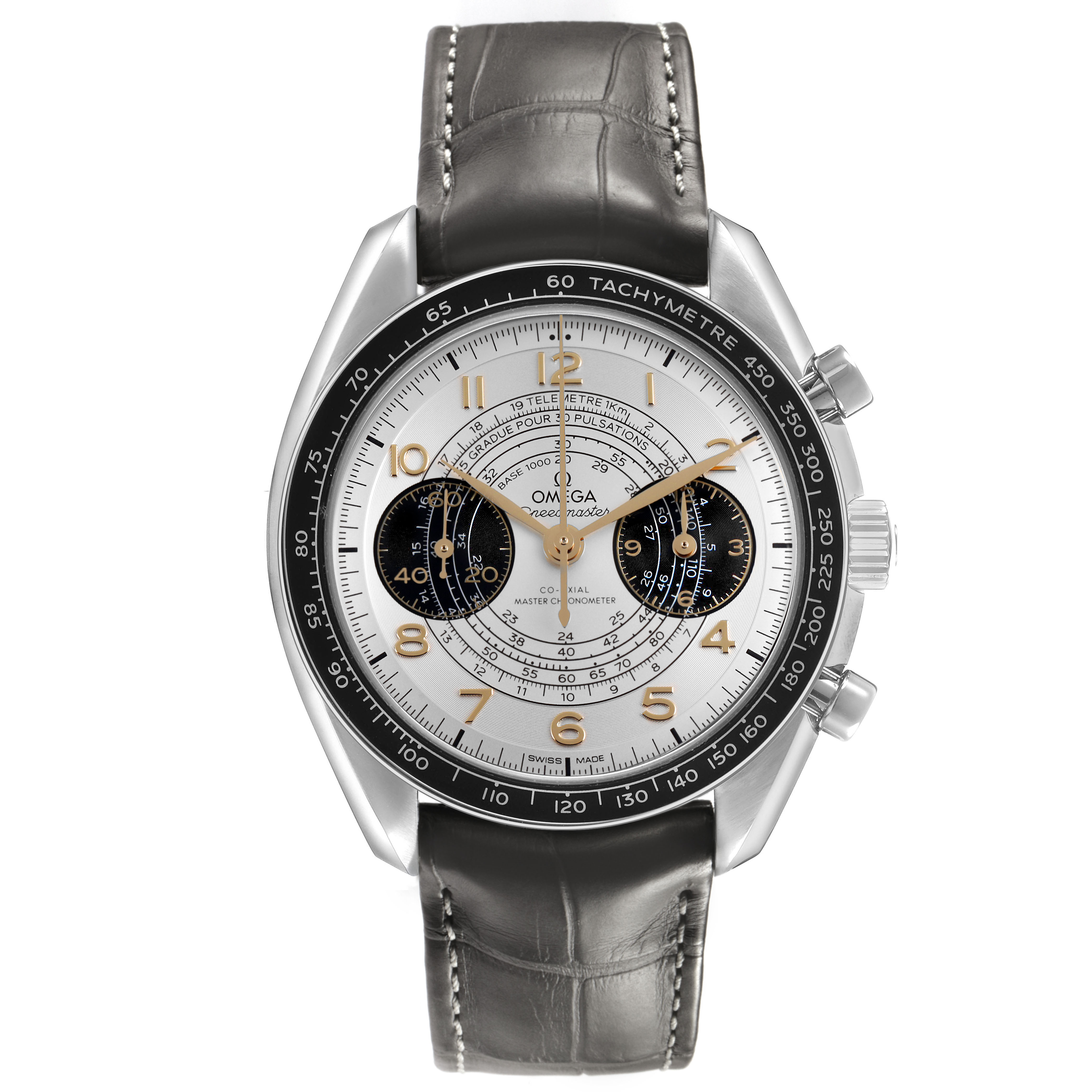 The Omega Speedmaster 522.32.43.51.02.001 Men's Stainless Steel Silver Dial model is shown from the front, highlighting the dial, bezel, case, and leather strap.