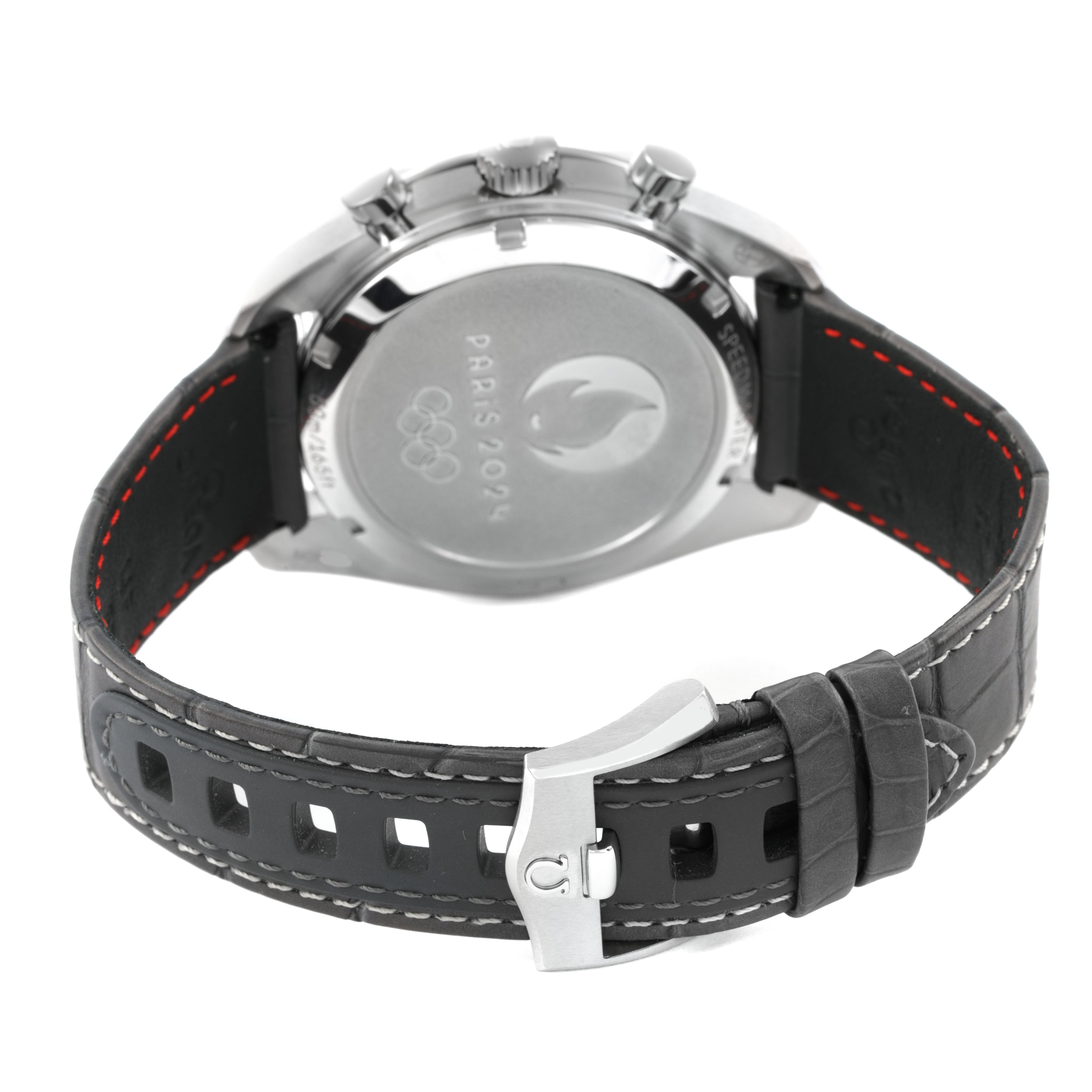 The Omega Speedmaster 522.32.43.51.02.001 Men's Stainless Steel Silver Dial watch is shown from the back, highlighting the case back and leather strap with a buckle.