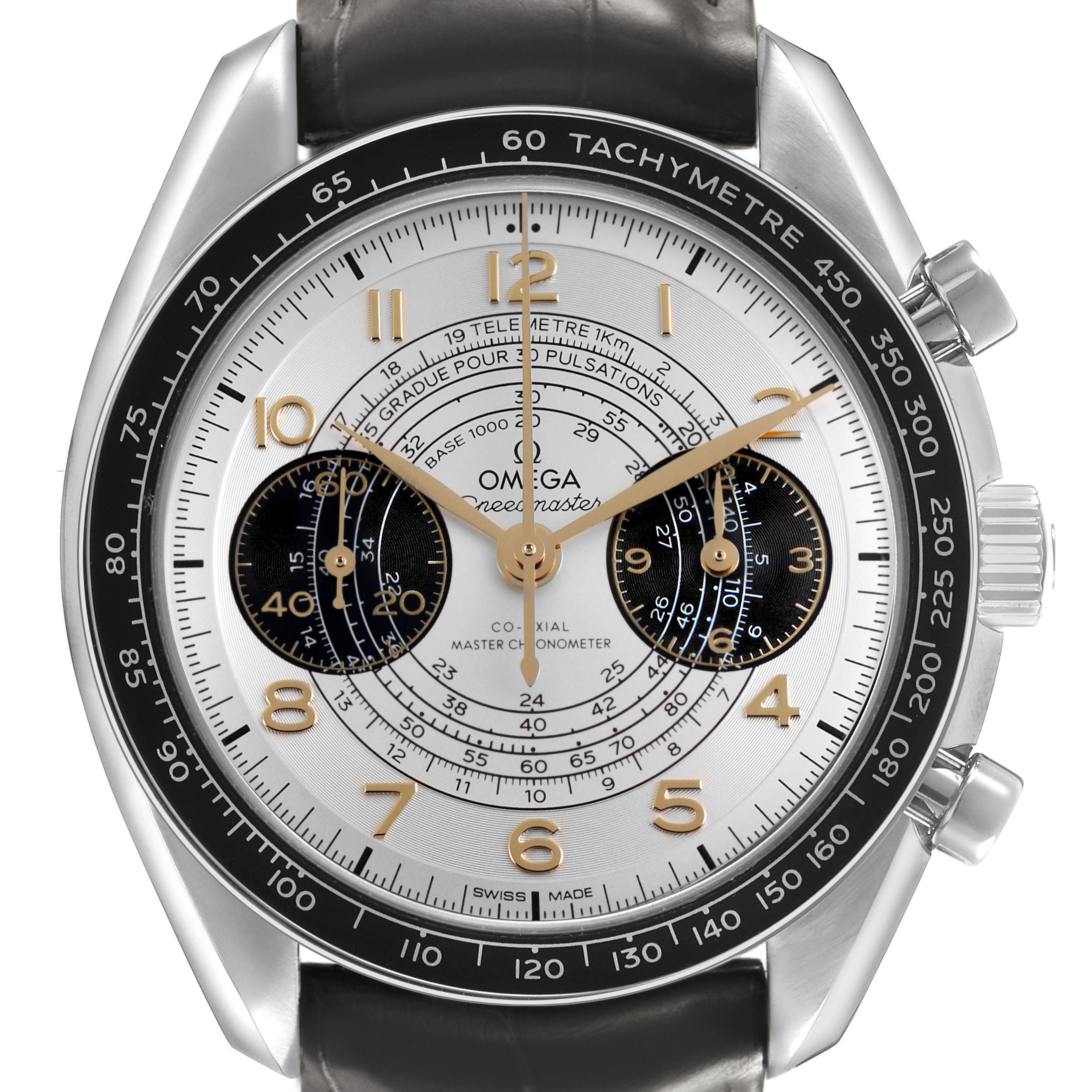 The Omega Speedmaster 522.32.43.51.02.001 Men's Stainless Steel Silver Dial watch is shown from a front angle, displaying the dial, bezel, and chronograph pushers.
