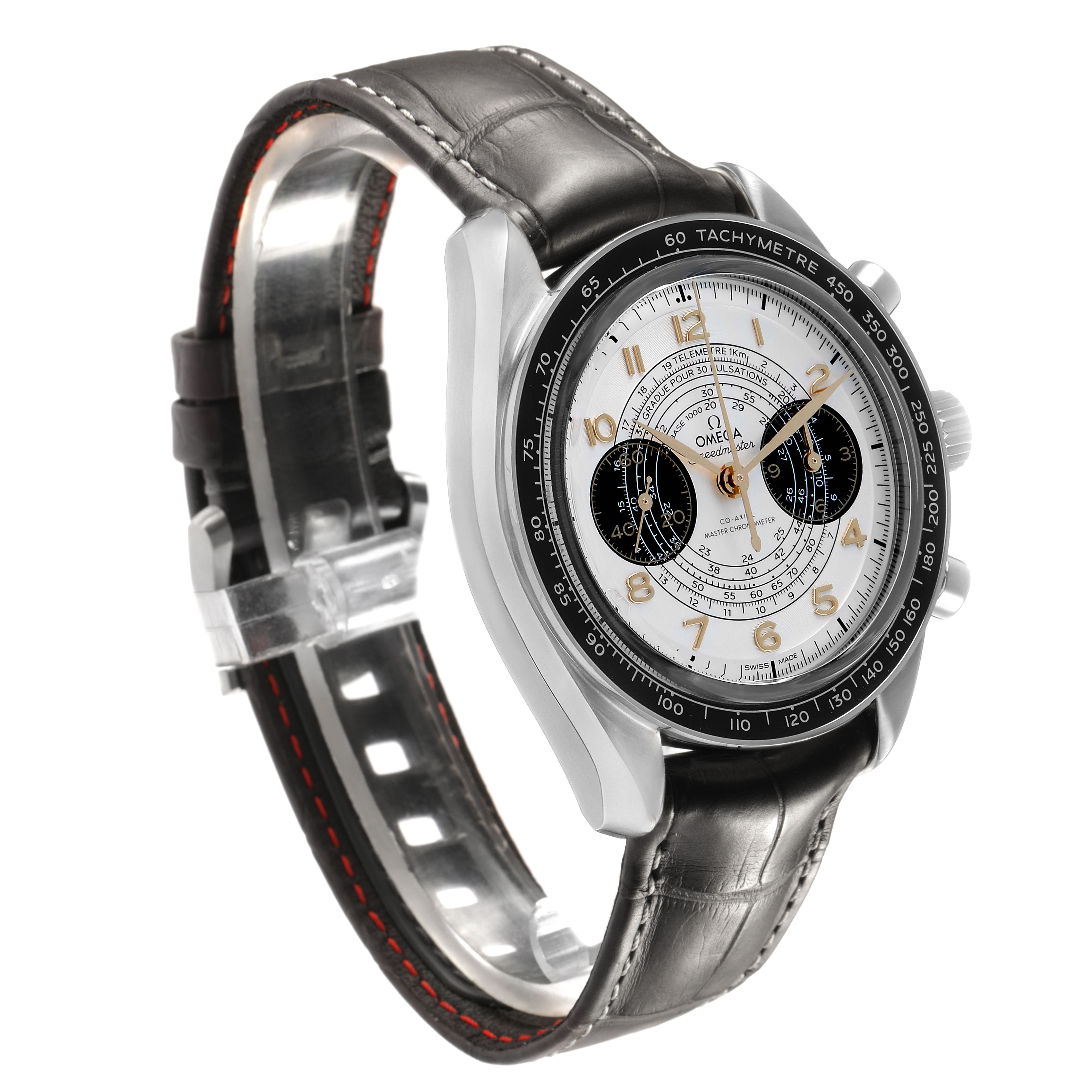 The Omega Speedmaster 522.32.43.51.02.001 Men's Stainless Steel Silver Dial watch is shown at a three-quarter angle, displaying the face, bezel, and strap.
