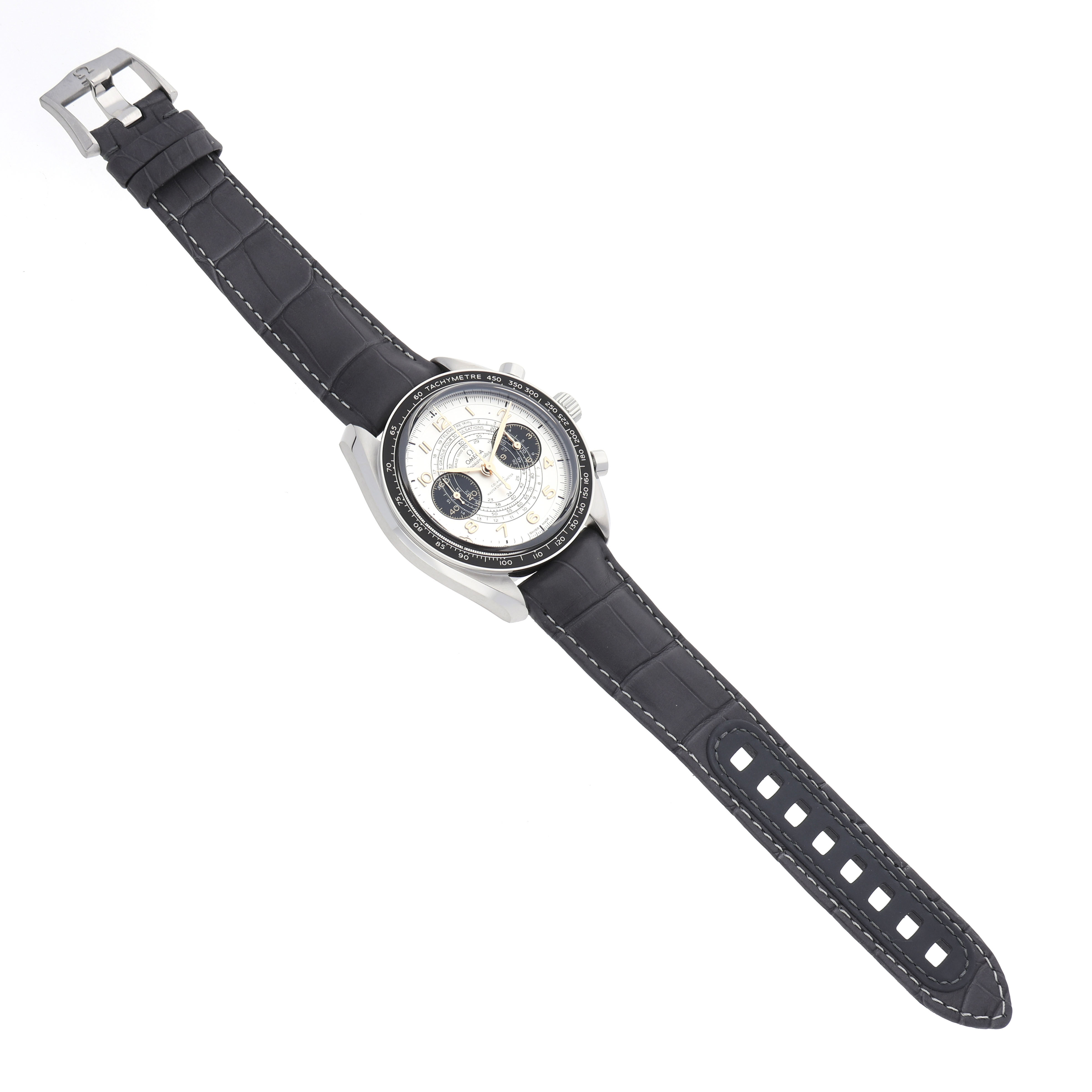 The Omega Speedmaster 522.32.43.51.02.001 Men's Stainless Steel Silver Dial watch is shown at a slight angle, displaying its face, bezel, chronograph dials, and leather strap.