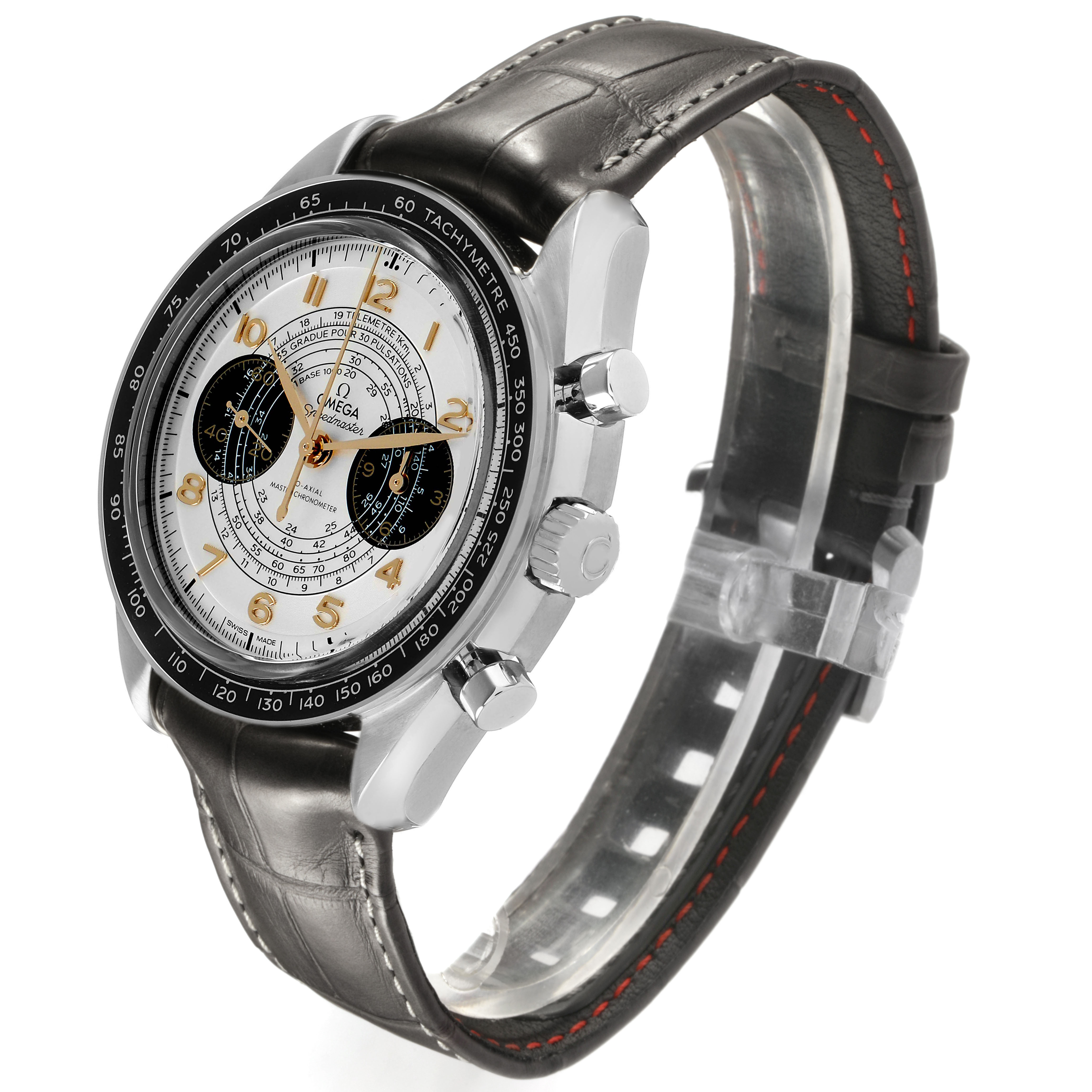 The Omega Speedmaster 522.32.43.51.02.001 Men's Stainless Steel Silver Dial watch is shown at a three-quarter angle, highlighting the face, crown, and pushers.