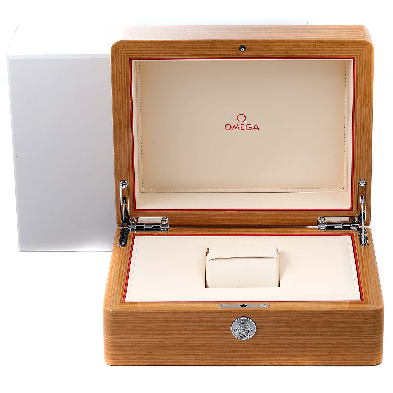 This image shows an open wooden presentation box for the Omega Speedmaster 311.92.44.51.01.004 Men's Ceramic Black Dial 311.92.44.51.01.004 Men's Ceramic Black Dial watch, displaying the interior cushion and Omega branding.