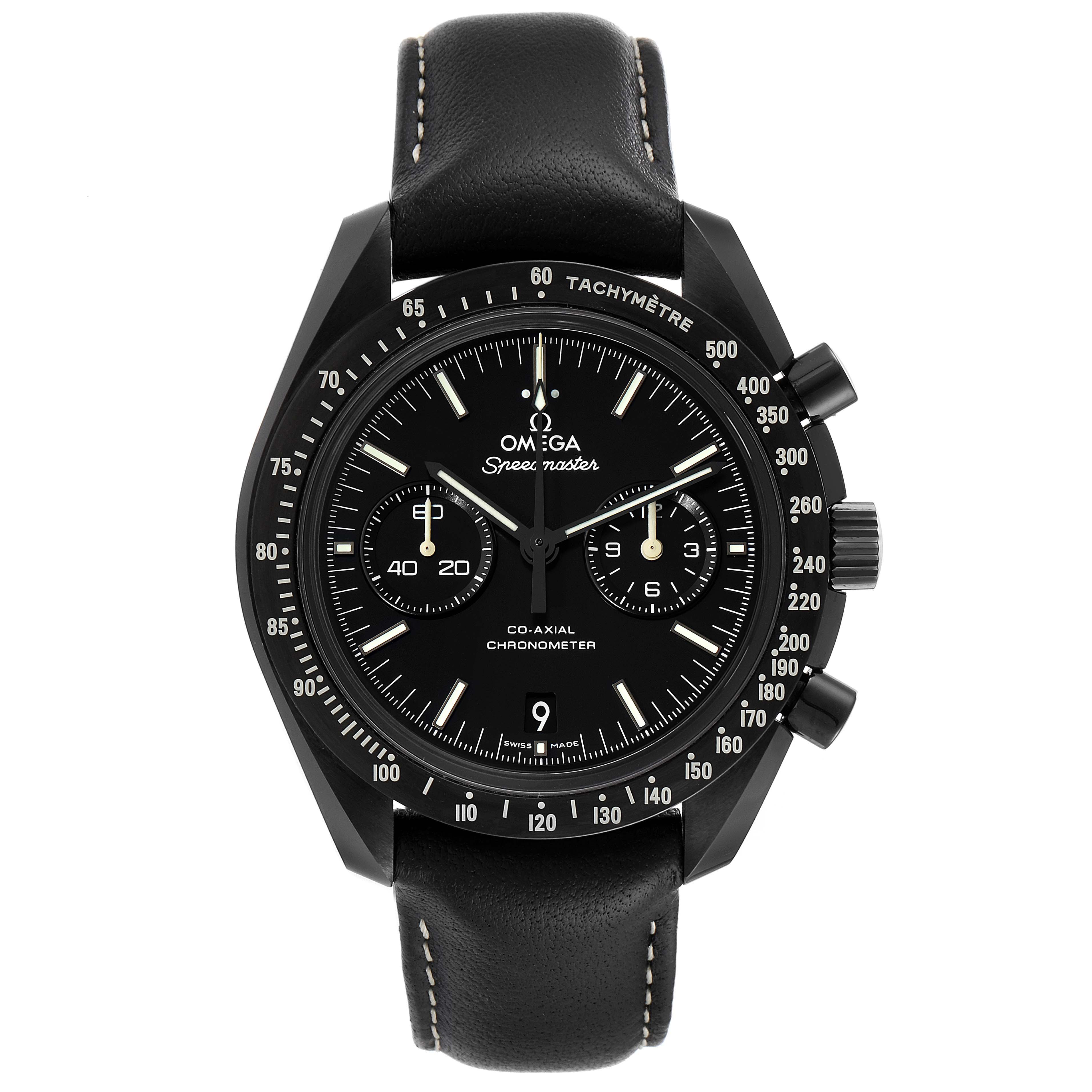 The Omega Speedmaster 311.92.44.51.01.004 Men's Ceramic Black Dial 311.92.44.51.01.004 Men's Ceramic Black Dial watch is shown from a front view, displaying the face, bezel, and strap.