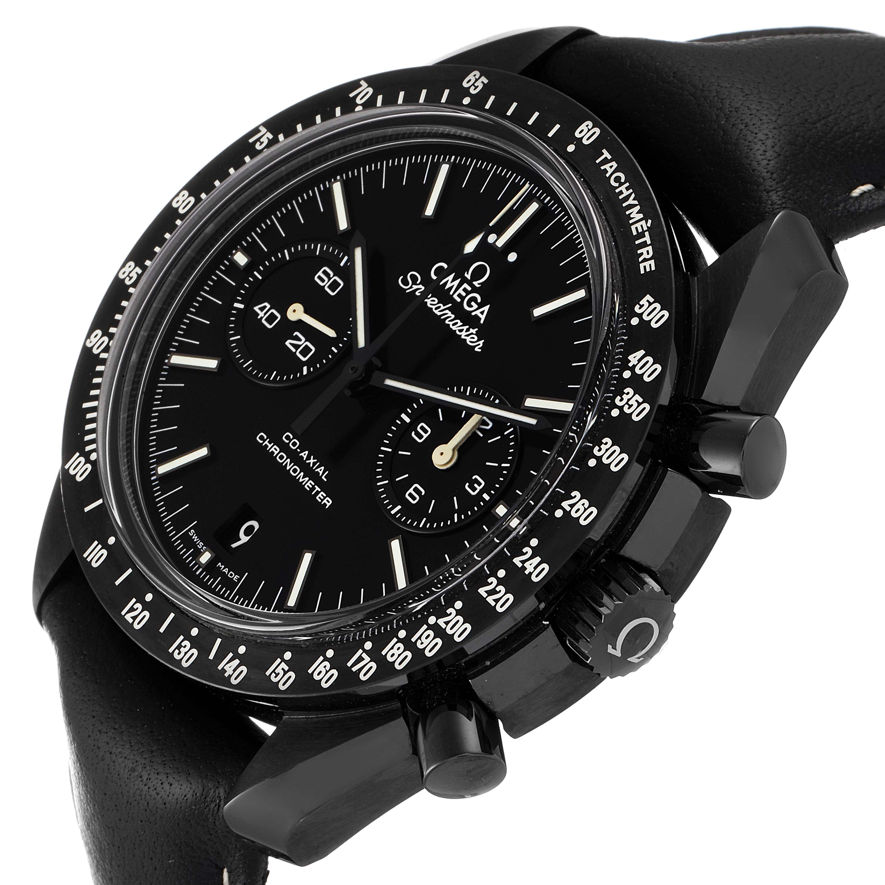 The Omega Speedmaster 311.92.44.51.01.004 Men's Ceramic Black Dial 311.92.44.51.01.004 Men's Ceramic Black Dial watch is shown at a side angle highlighting the face, bezel, crown, and pushers.