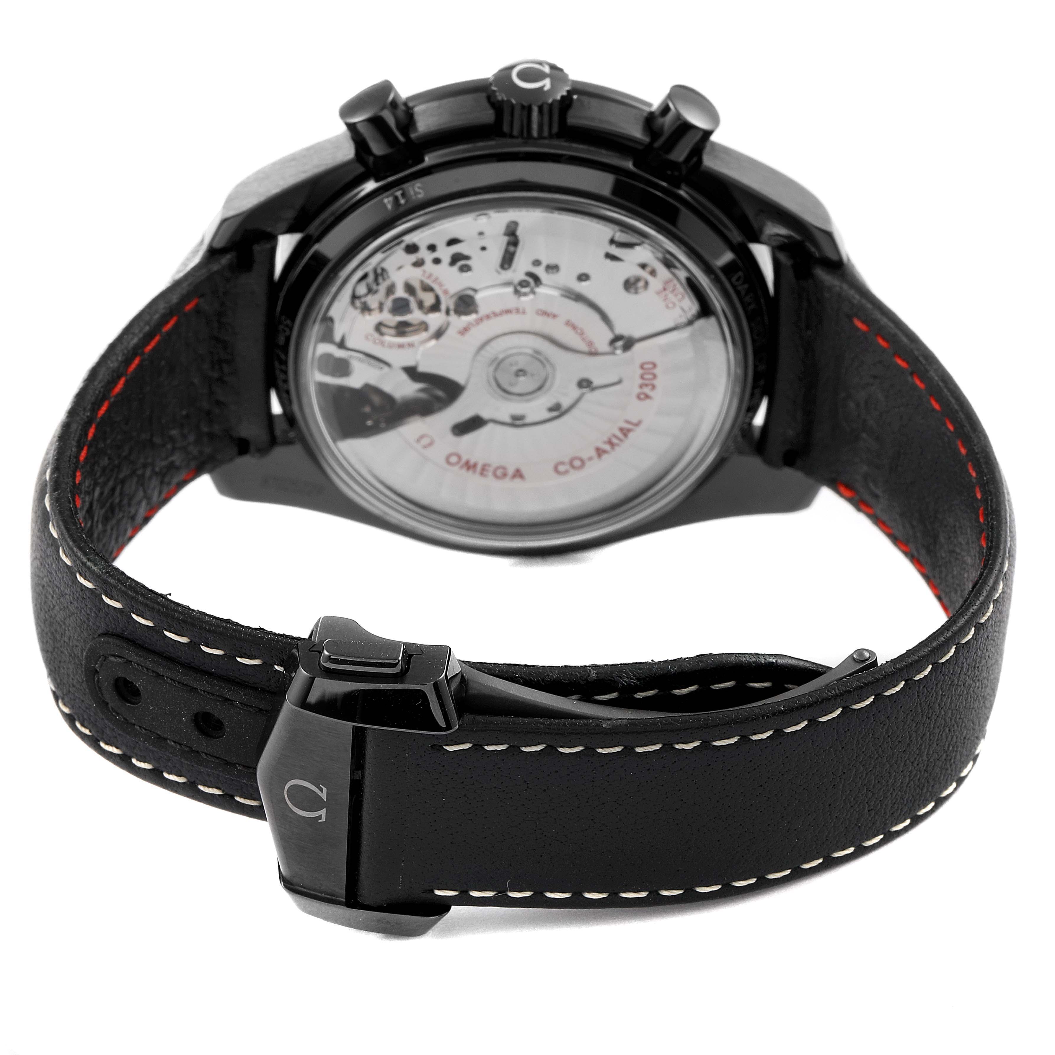 The image shows the back view of an Omega Speedmaster 311.92.44.51.01.004 Men's Ceramic Black Dial 311.92.44.51.01.004 Men's Ceramic Black Dial watch, highlighting its transparent case back and leather strap with clasp.