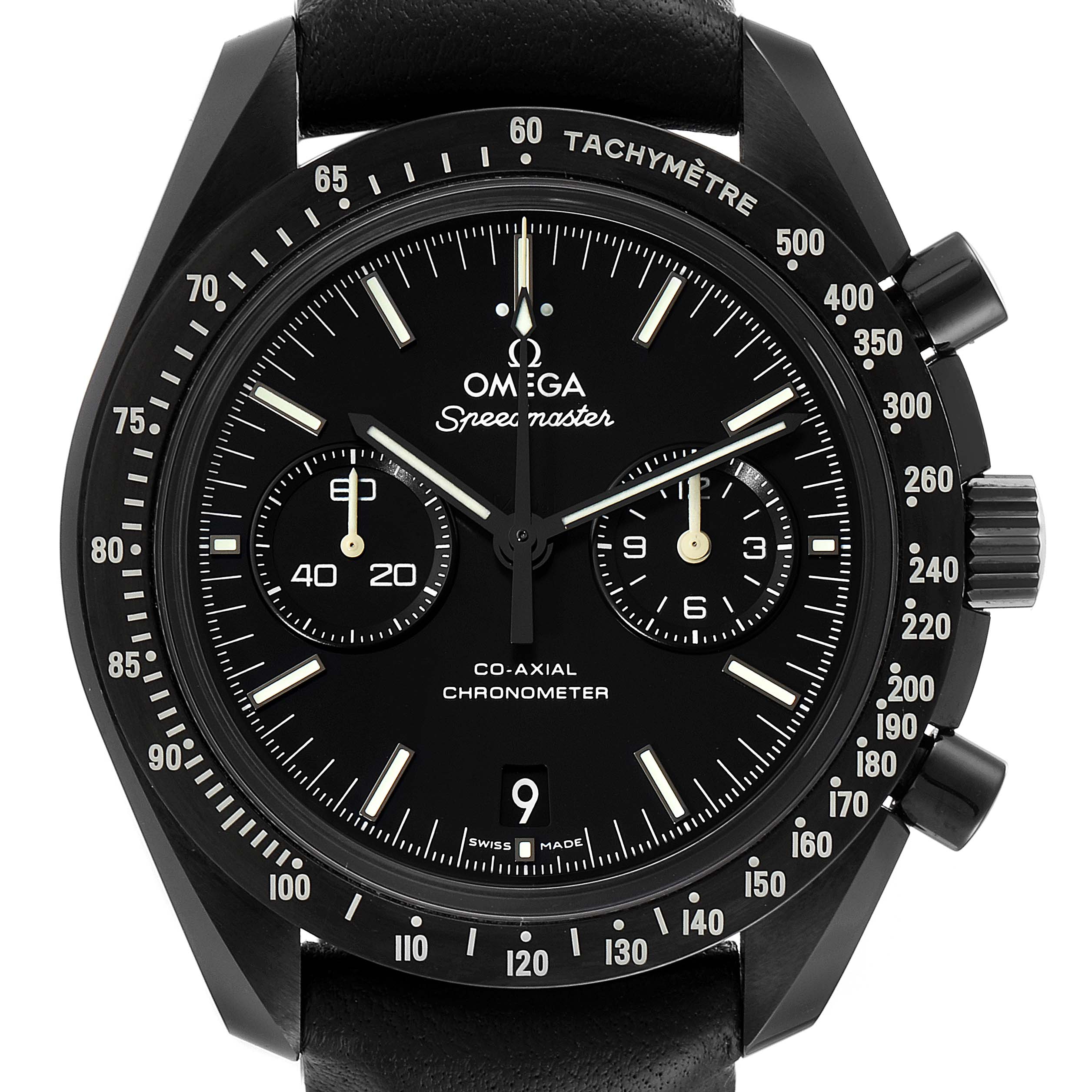 The image shows a frontal view of an Omega Speedmaster 311.92.44.51.01.004 Men's Ceramic Black Dial 311.92.44.51.01.004 Men's Ceramic Black Dial watch, highlighting its black dial, subdials, date window, and tachymeter bezel.