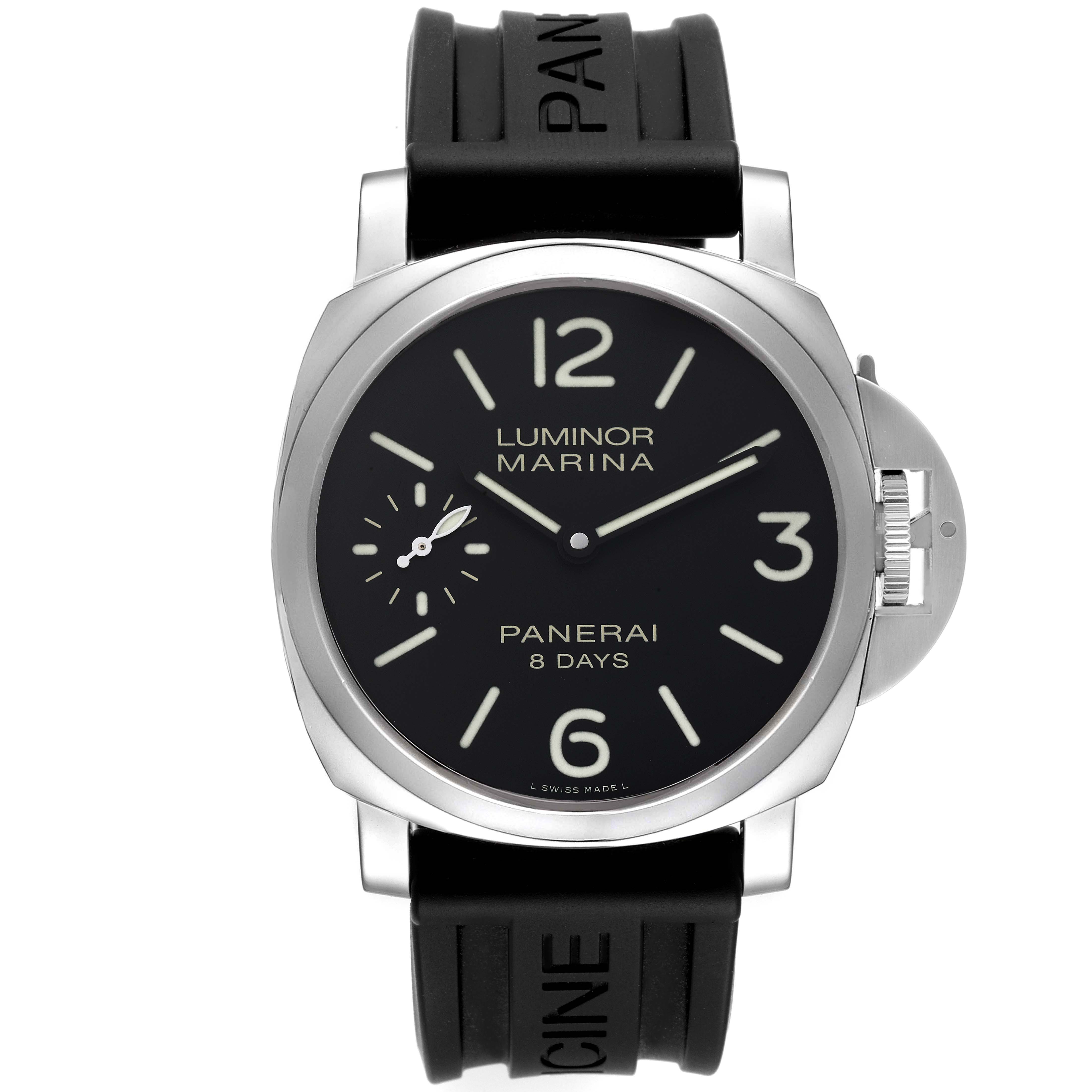 This image shows a front view of a Panerai Luminor PAM00510 Men's Stainless Steel Black Dial PAM00510 Men's Stainless Steel Black Dial Marina watch with a black dial and black rubber strap.