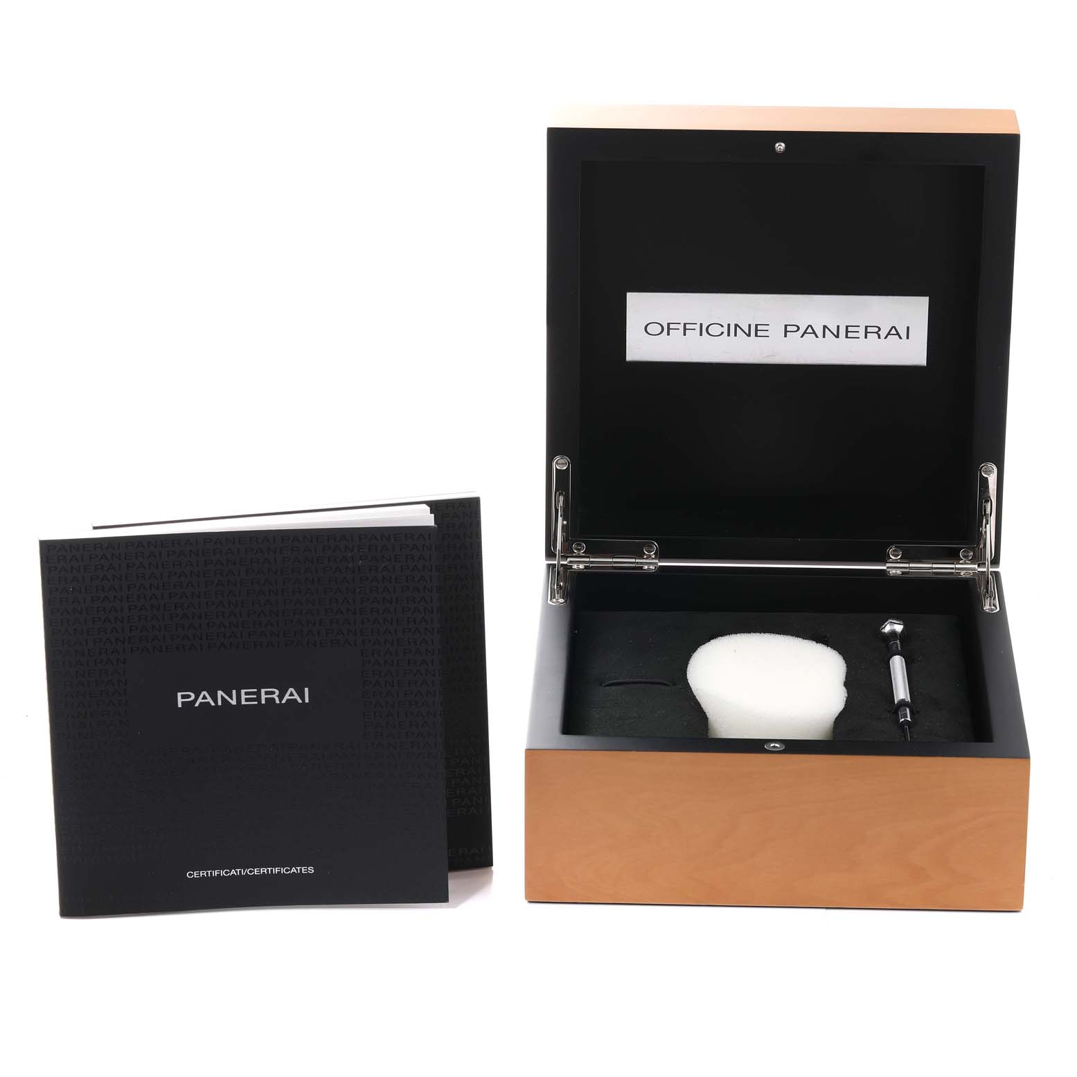 The image shows an open Panerai Luminor PAM00510 Men's Stainless Steel Black Dial PAM00510 Men's Stainless Steel Black Dial watch box including a tool and documents.