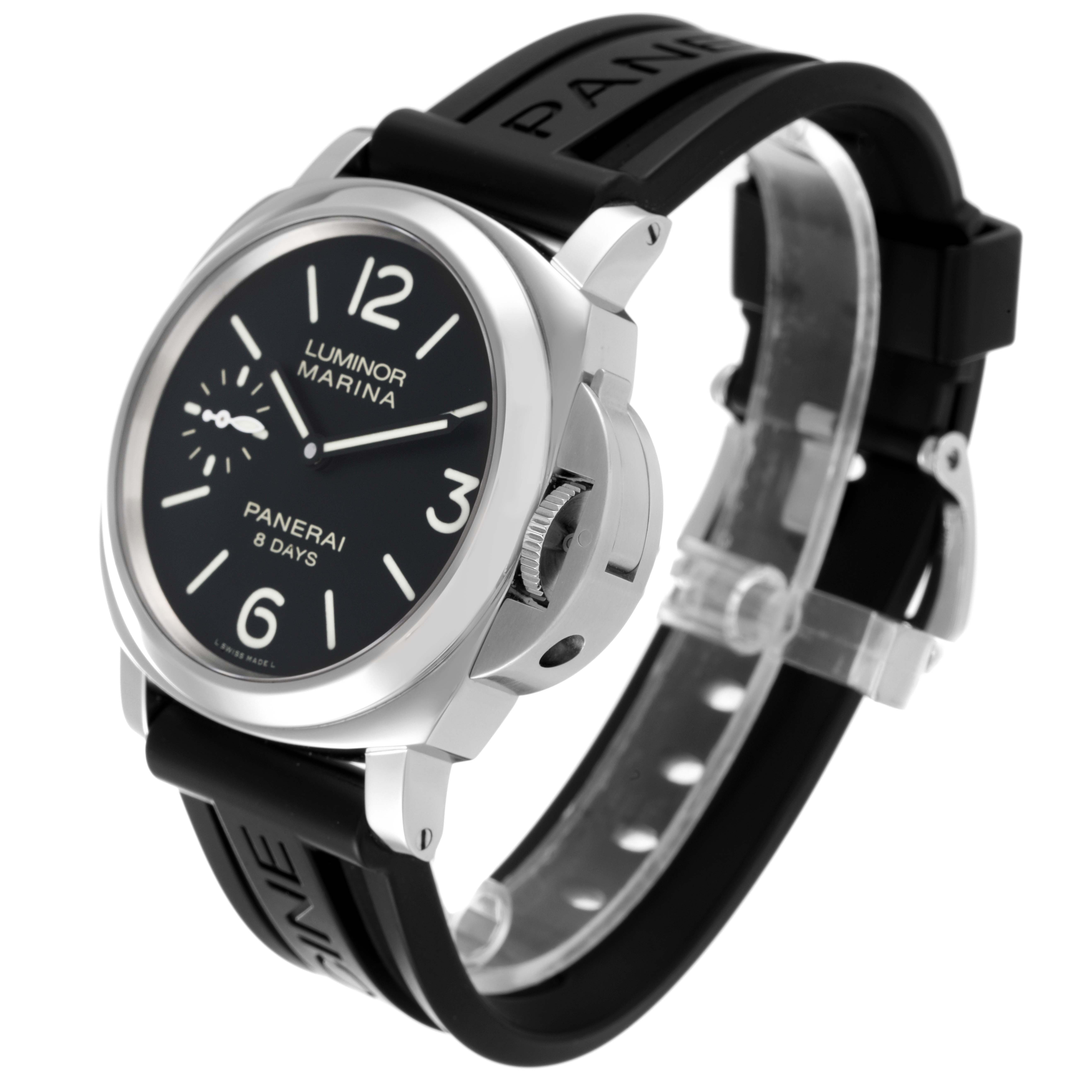 A Panerai Luminor PAM00510 Men's Stainless Steel Black Dial PAM00510 Men's Stainless Steel Black Dial Marina watch is shown at an angled view, highlighting the face, bezel, crown guard, and black strap.