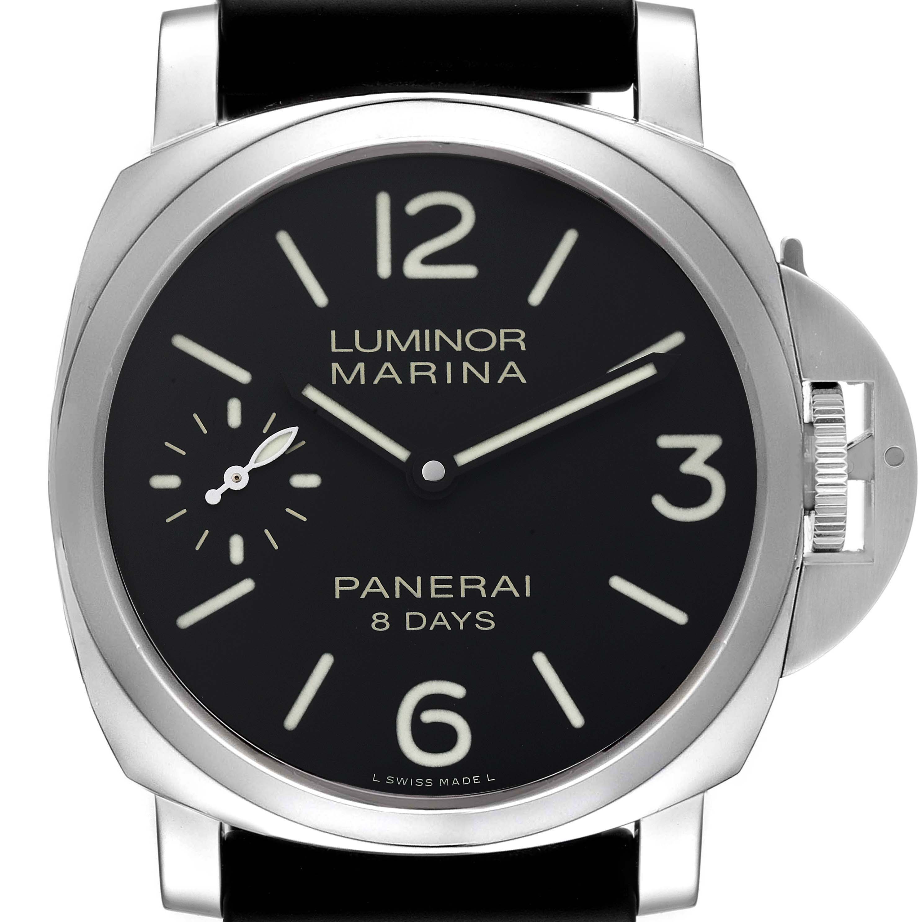 The image shows a front view of the Panerai Luminor PAM00510 Men's Stainless Steel Black Dial PAM00510 Men's Stainless Steel Black Dial Marina watch displaying the face, case, and crown guard.