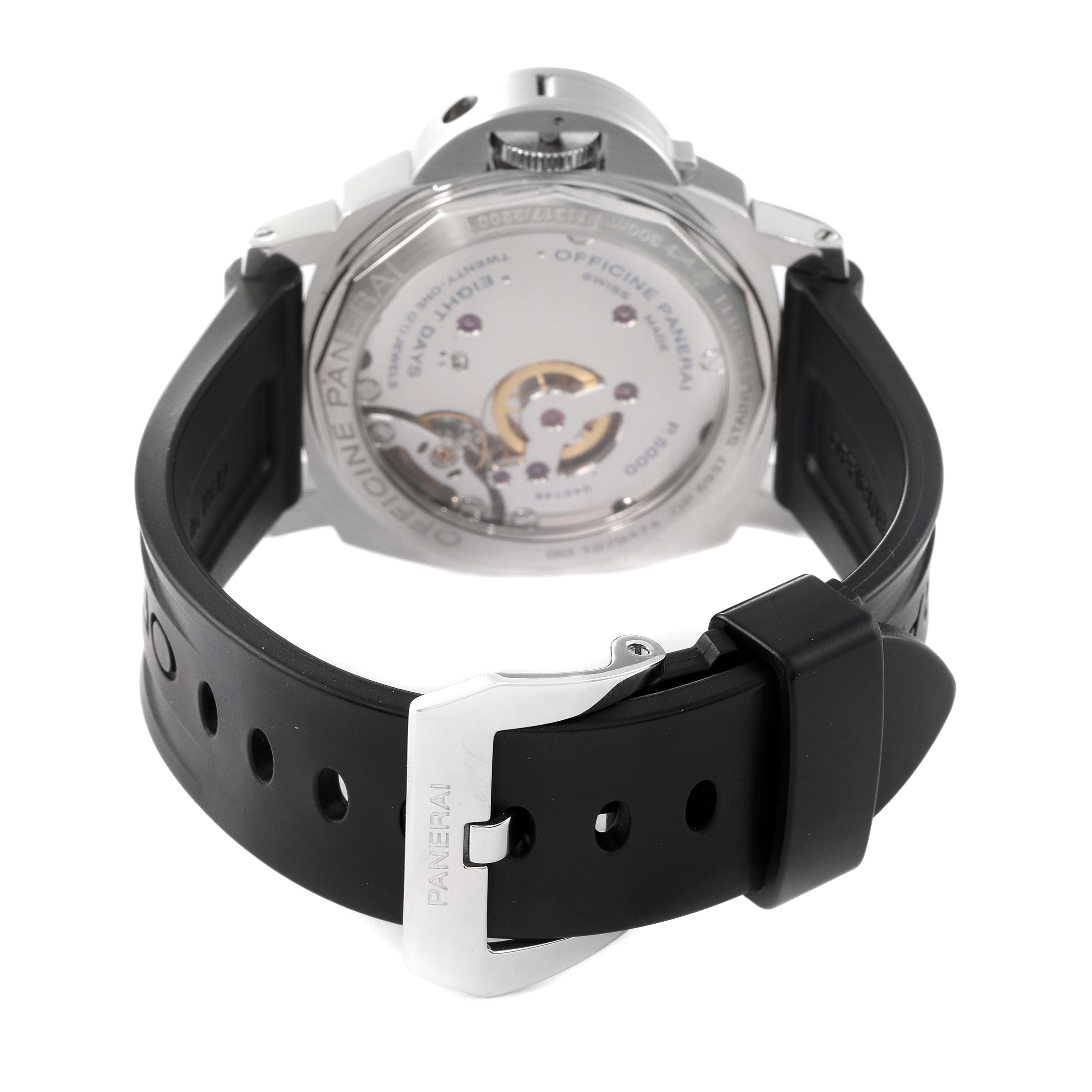 The image shows the back view of the Panerai Luminor PAM00510 Men's Stainless Steel Black Dial PAM00510 Men's Stainless Steel Black Dial watch, highlighting the movement and the black rubber strap with buckle.