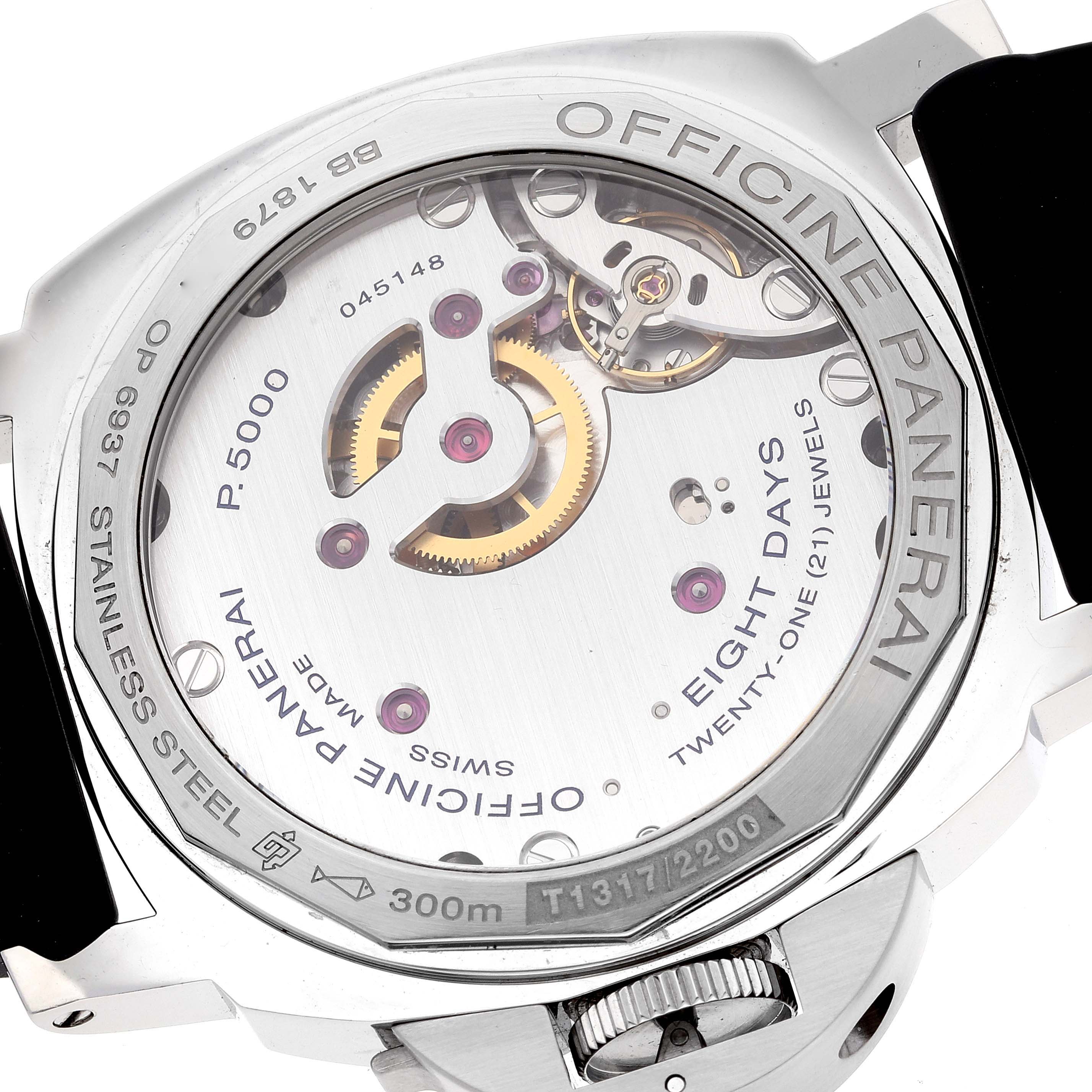 This image shows the back view of a Panerai Luminor PAM00510 Men's Stainless Steel Black Dial PAM00510 Men's Stainless Steel Black Dial watch, highlighting its inner mechanism and "Officine Panerai" engraving.