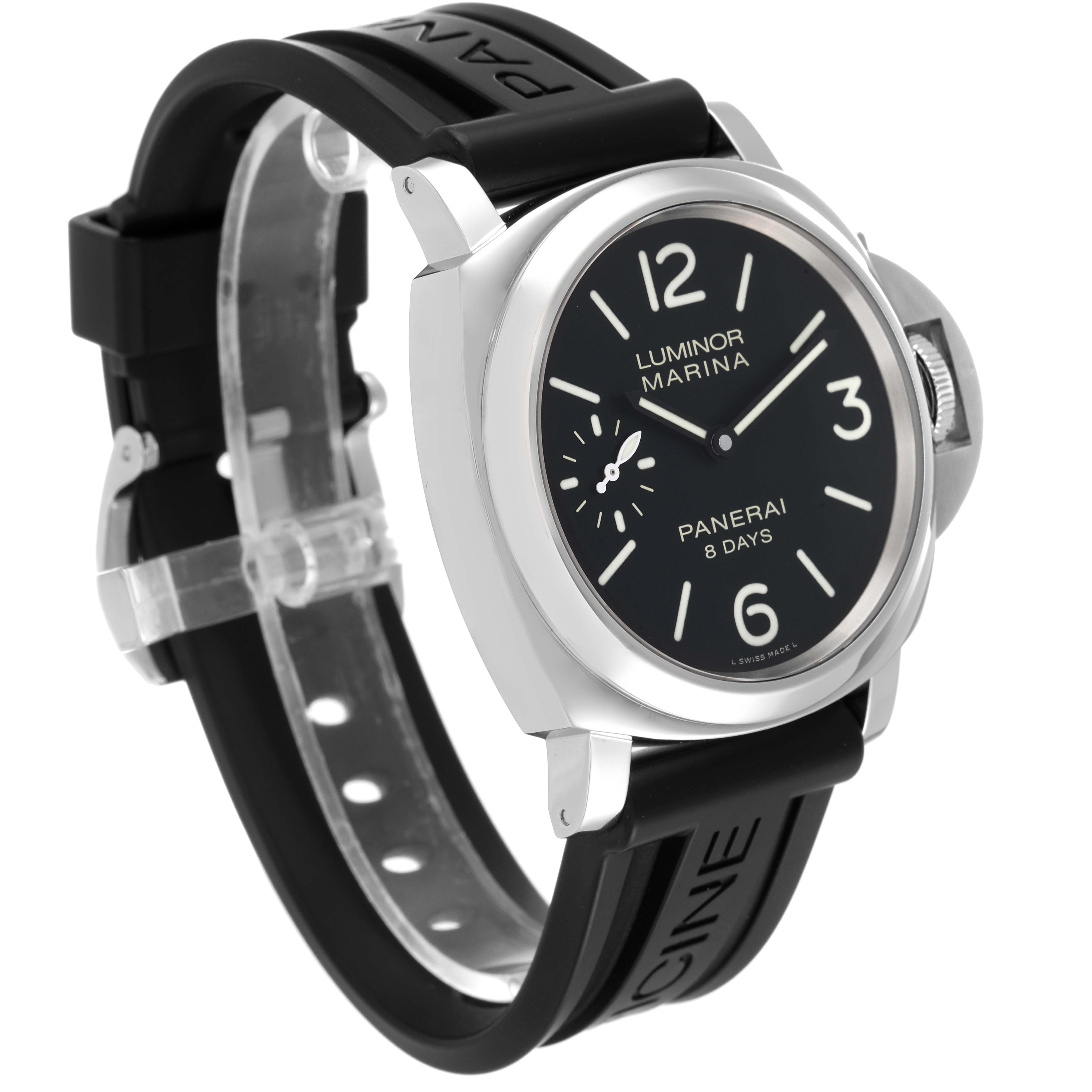 The image shows a Panerai Luminor PAM00510 Men's Stainless Steel Black Dial PAM00510 Men's Stainless Steel Black Dial Marina watch at a 3/4 angle with a black strap and visible crown guard.