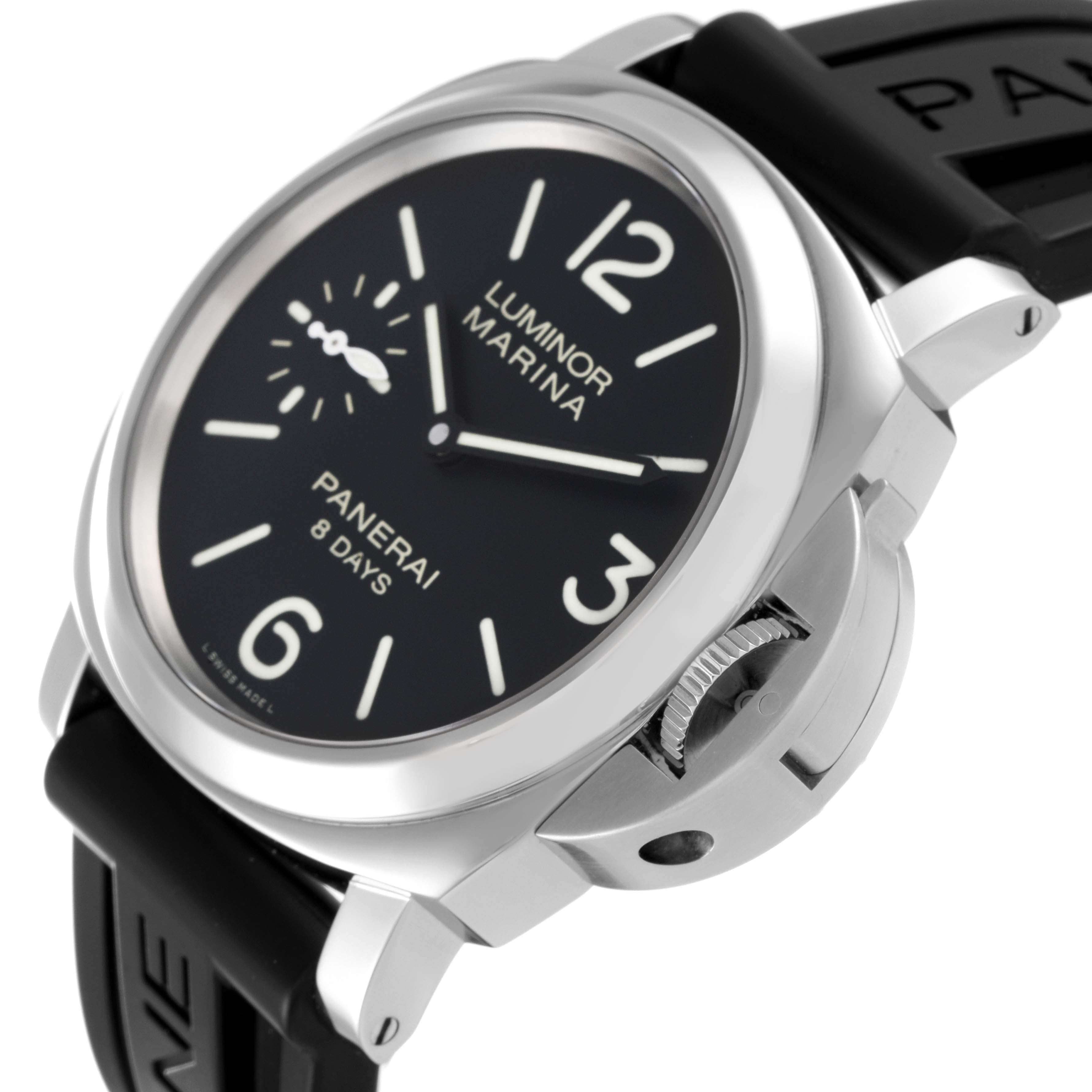 The image shows a Panerai Luminor PAM00510 Men's Stainless Steel Black Dial PAM00510 Men's Stainless Steel Black Dial Marina watch at an angle, highlighting the dial, crown guard, and strap.