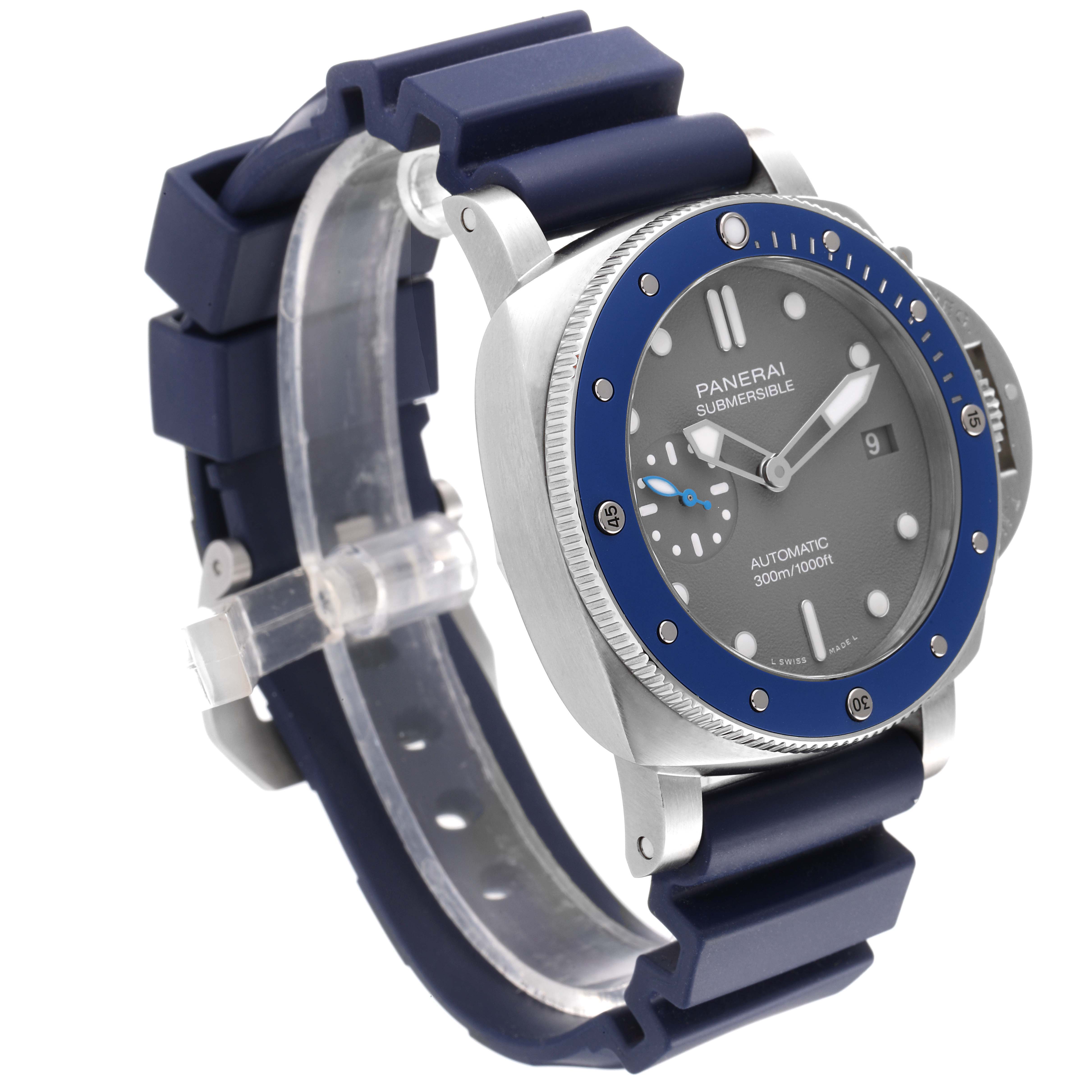 The image shows a Panerai Submersible PAM00959 Men's Stainless Steel Grey Dial PAM00959 Men's Stainless Steel Grey Dial watch at an angle highlighting its face, bezel, and blue rubber strap.