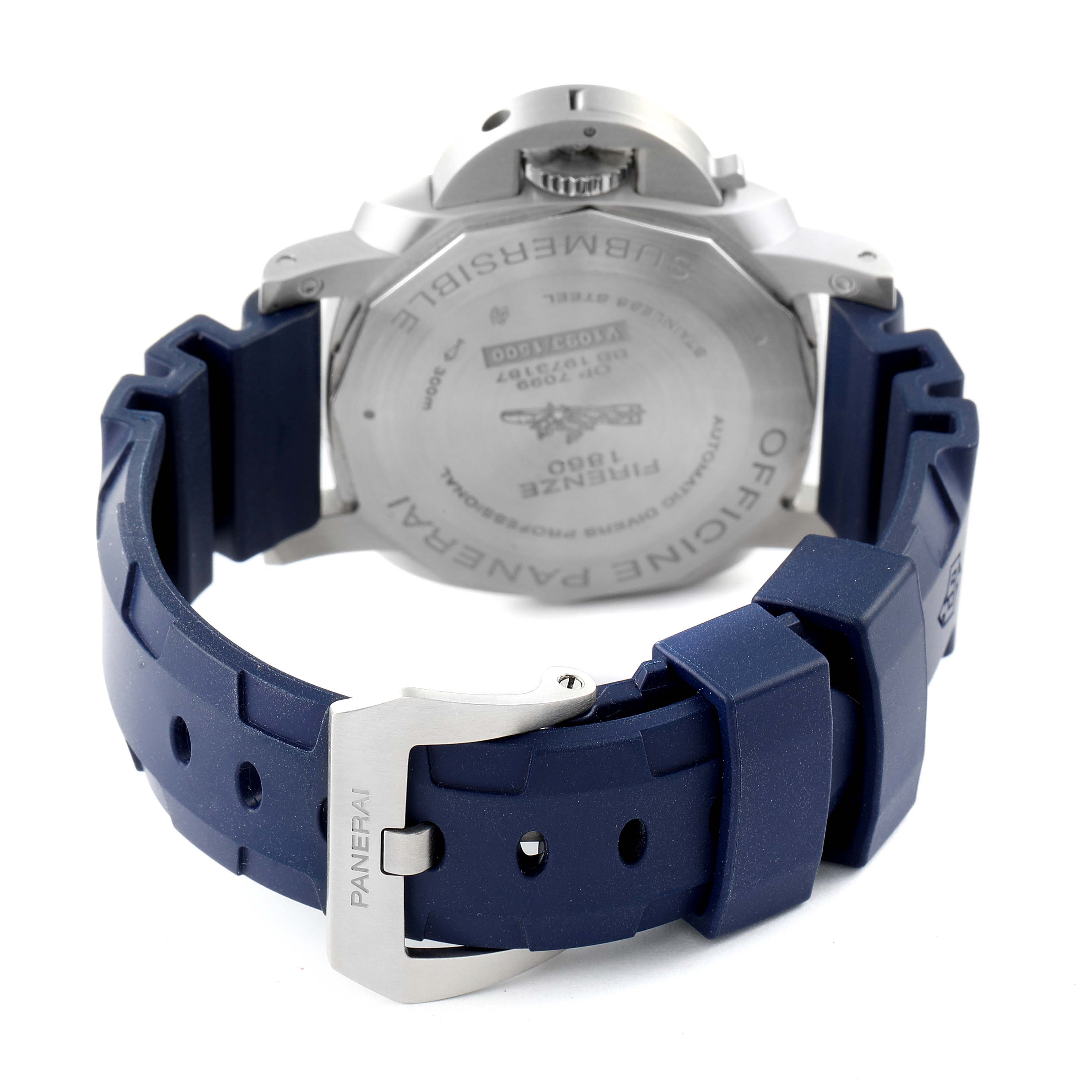 This image shows the back view of the Panerai Submersible PAM00959 Men's Stainless Steel Grey Dial PAM00959 Men's Stainless Steel Grey Dial watch, highlighting its strap and engraved case back.