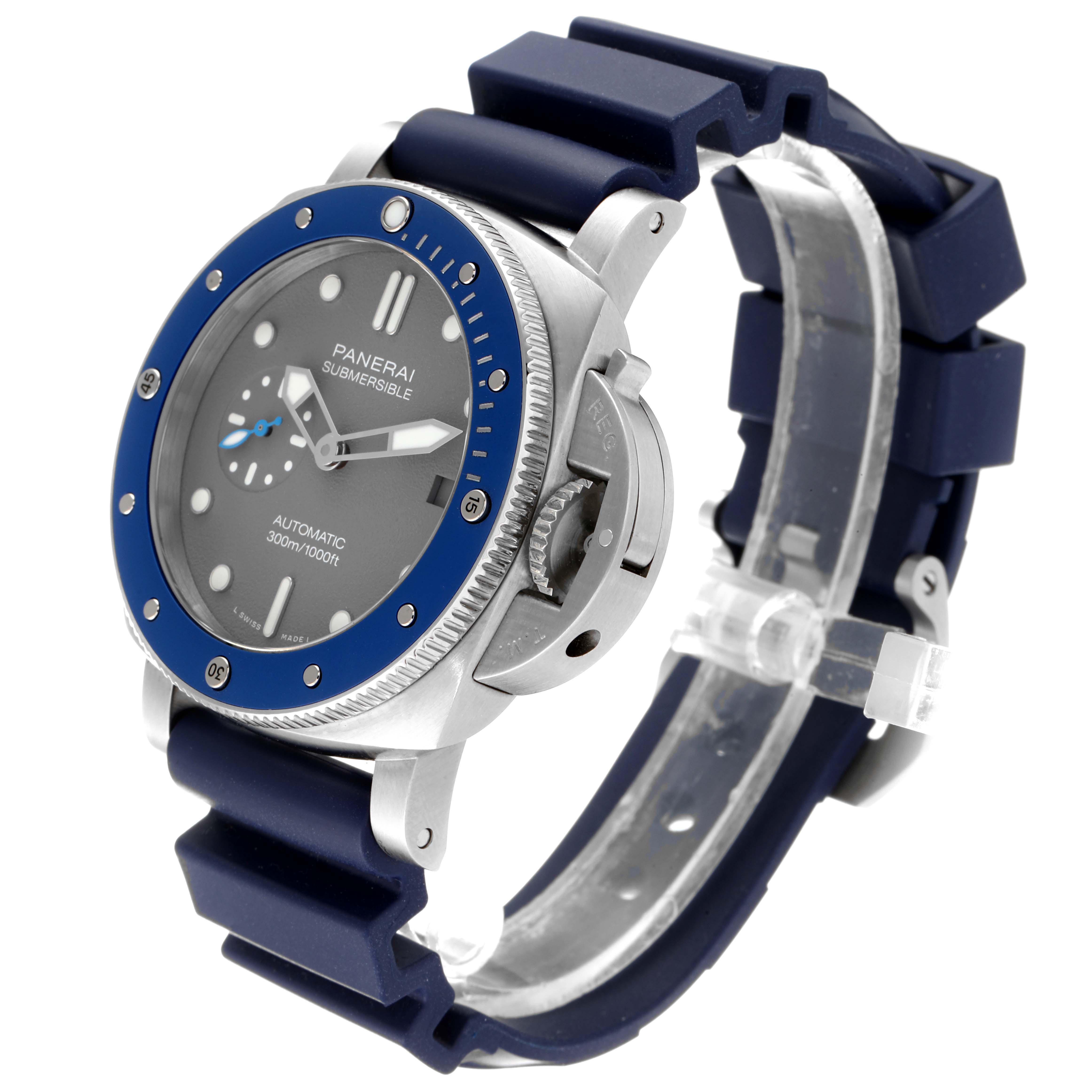 The image shows a Panerai Submersible PAM00959 Men's Stainless Steel Grey Dial PAM00959 Men's Stainless Steel Grey Dial watch from a front-side angle, highlighting its bezel, dial, crown guard, and strap.