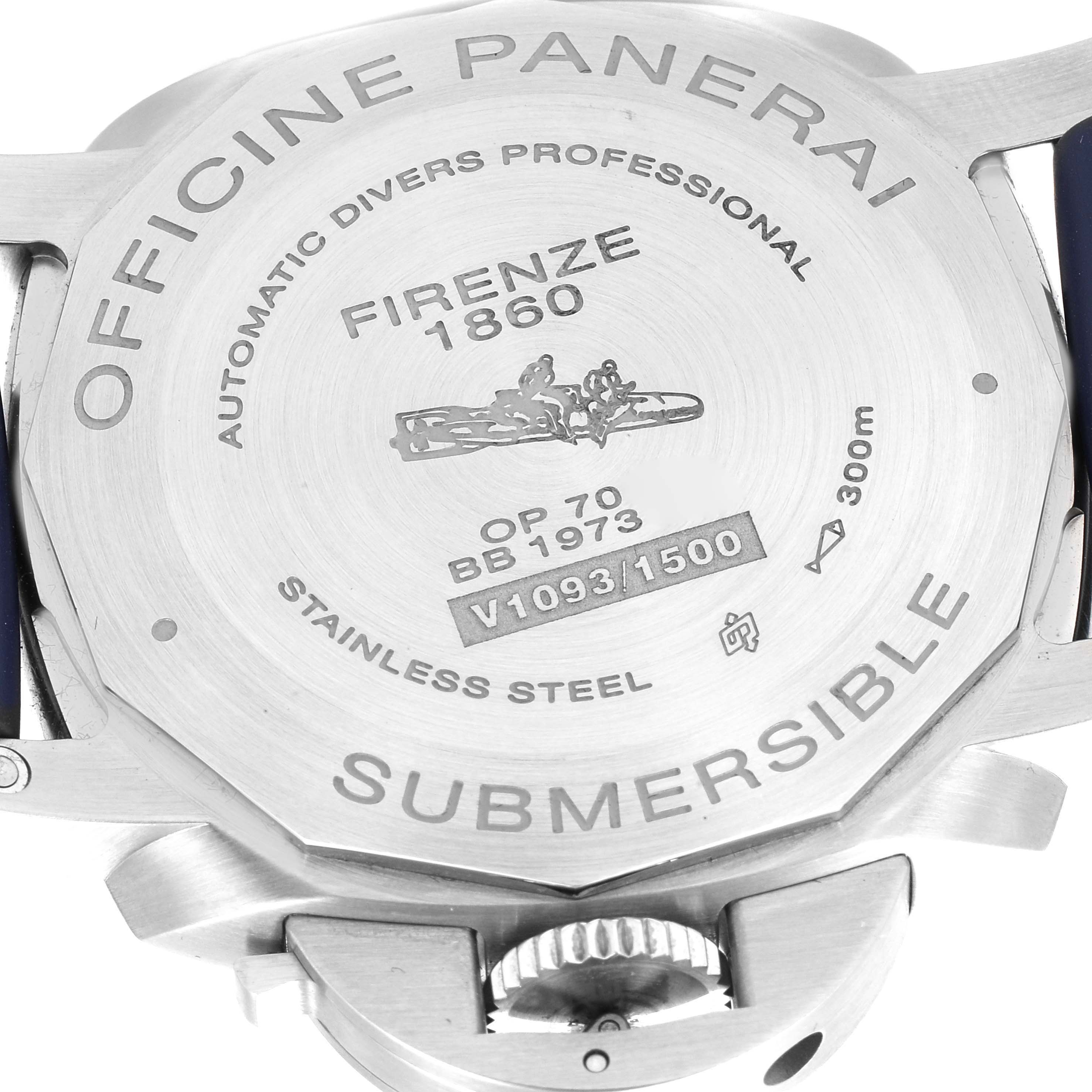 The image shows the back case of a Panerai Submersible PAM00959 Men's Stainless Steel Grey Dial PAM00959 Men's Stainless Steel Grey Dial watch, including engraved details and crown guard.
