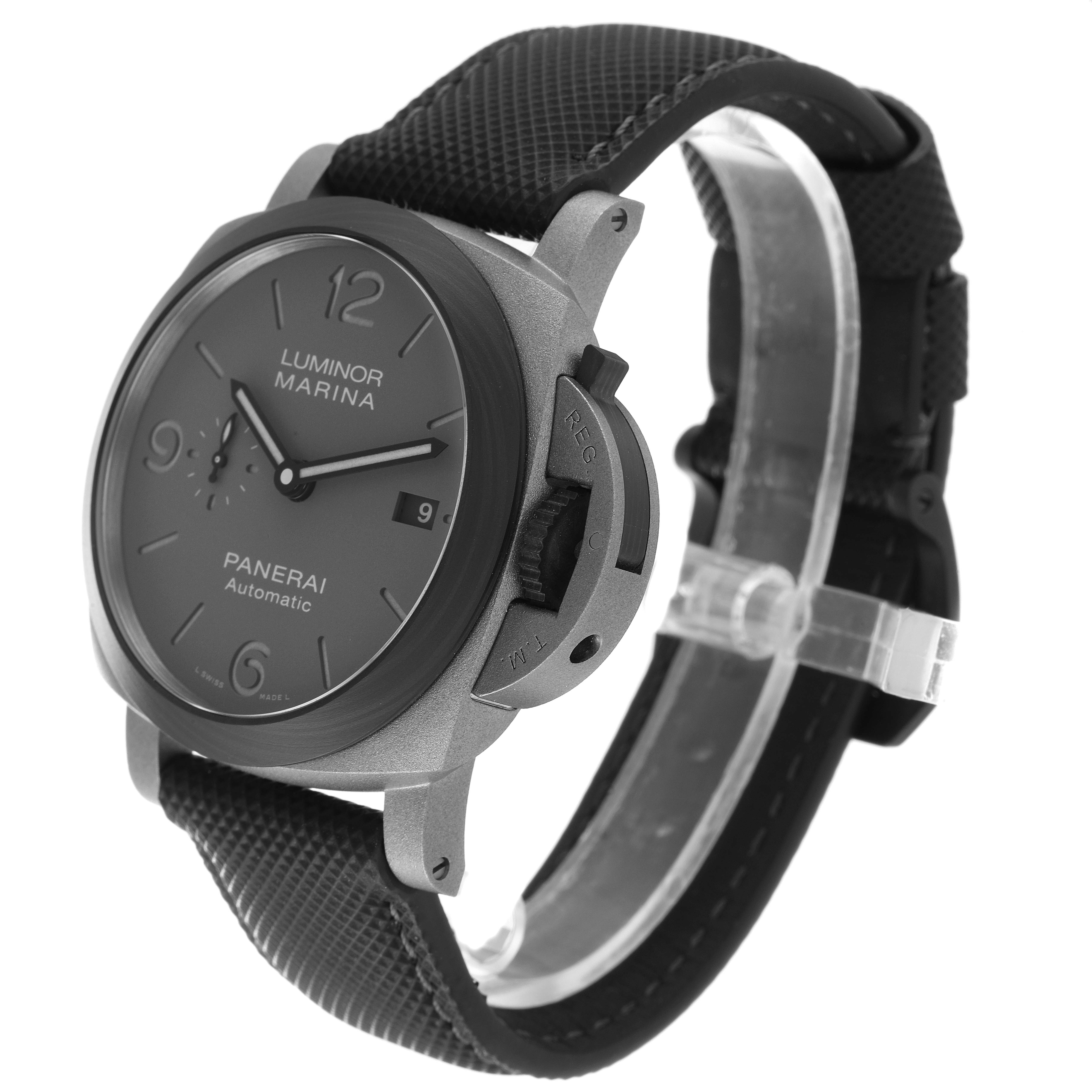 This image shows a side view angle of a Panerai Luminor PAM01662 Men's Titanium Grey Dial PAM01662 Men's Titanium Grey Dial Marina watch, featuring the case, dial, crown guard, and strap.