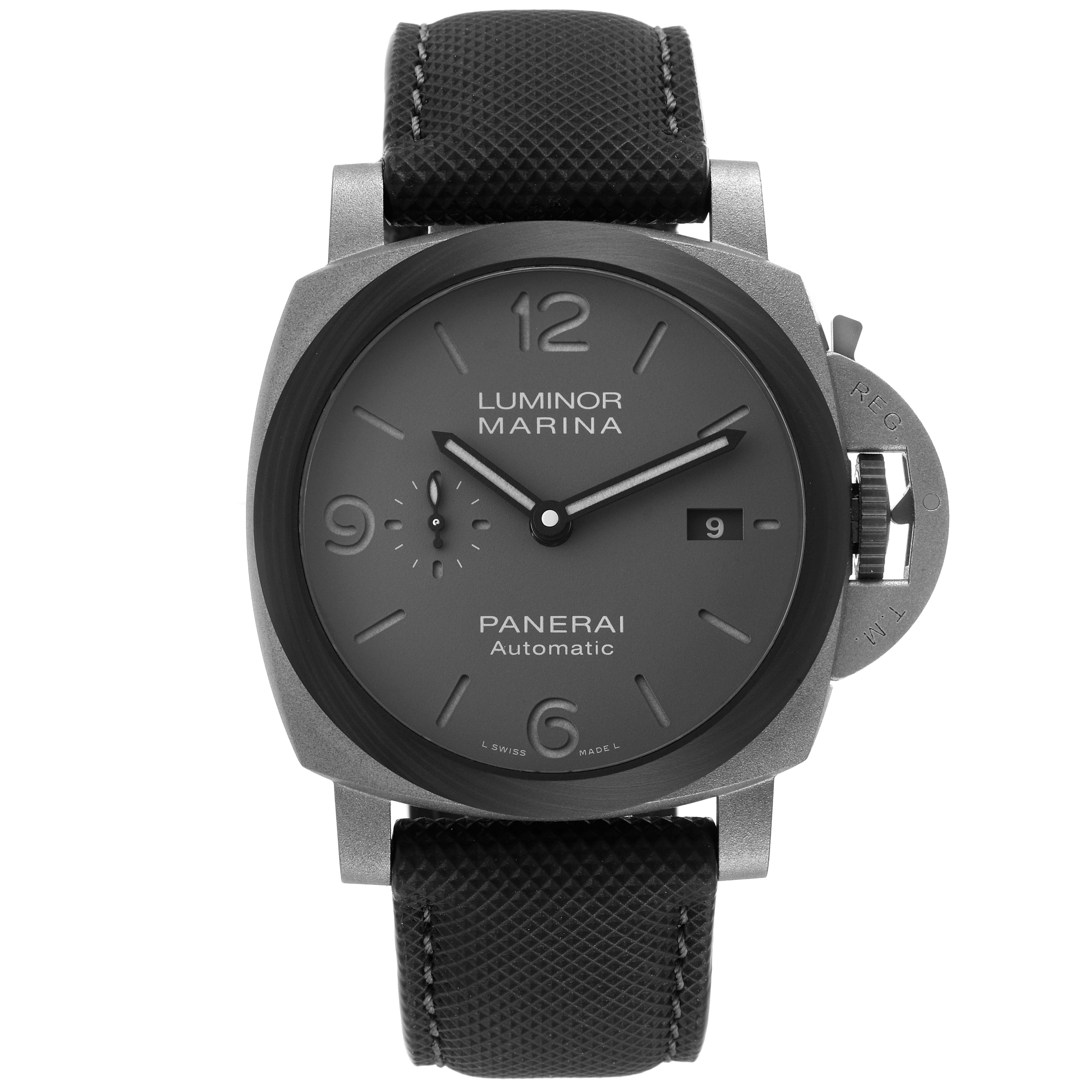 This front view of the Panerai Luminor PAM01662 Men's Titanium Grey Dial PAM01662 Men's Titanium Grey Dial watch shows the dial, case, crown guard, and strap clearly.