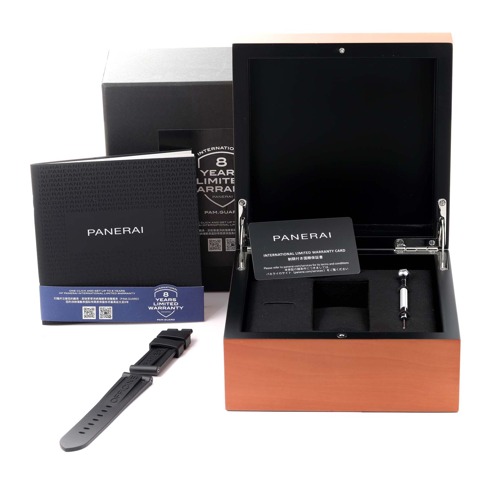 The image shows the box, strap, tool, and warranty card of a Panerai Luminor PAM01662 Men's Titanium Grey Dial PAM01662 Men's Titanium Grey Dial watch.